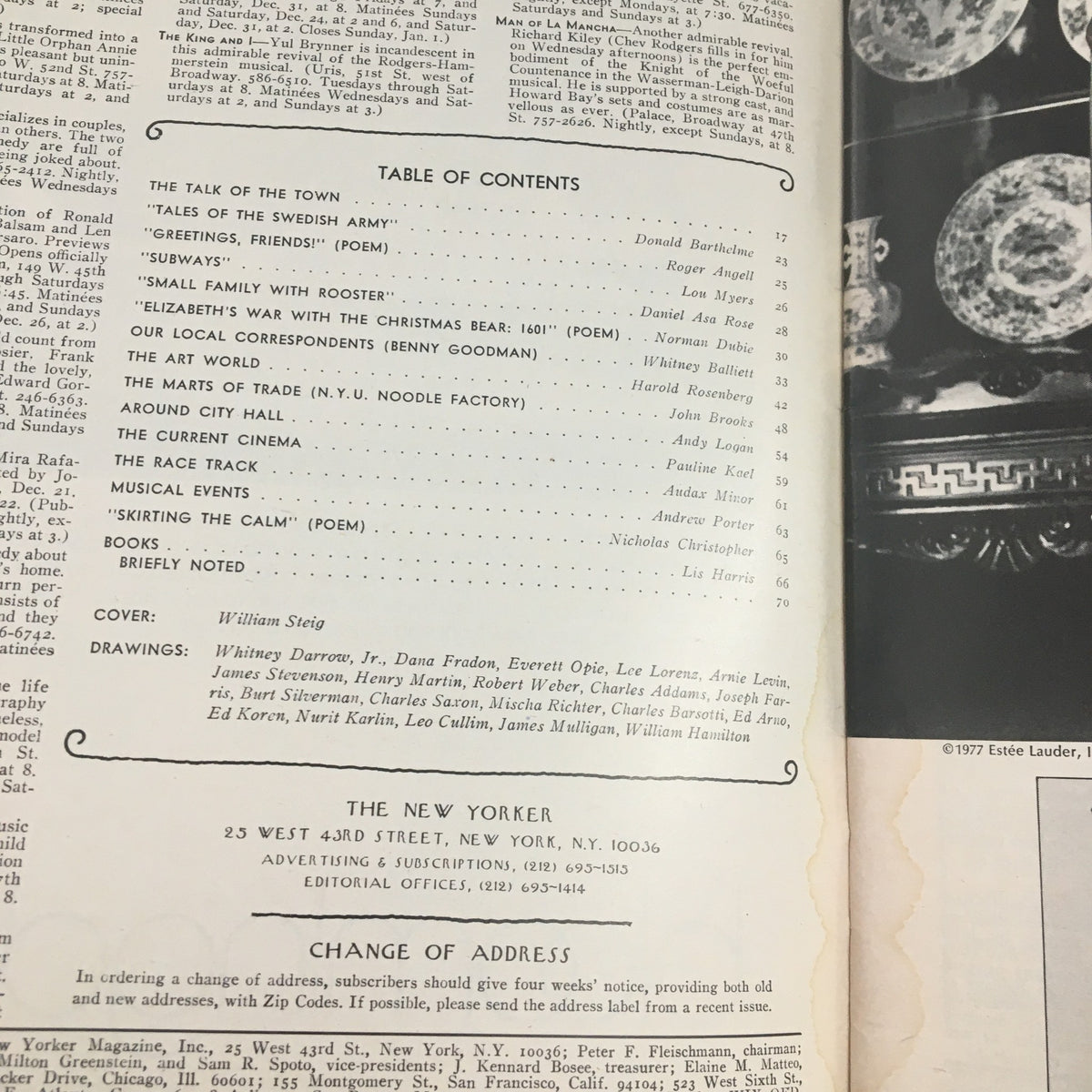 Table of Contents from The New Yorker Magazine December 26 1977 showcasing articles and poems including 'The Talk of the Town', 'Tales of the Swedish Army', and cover artwork by William Steig.