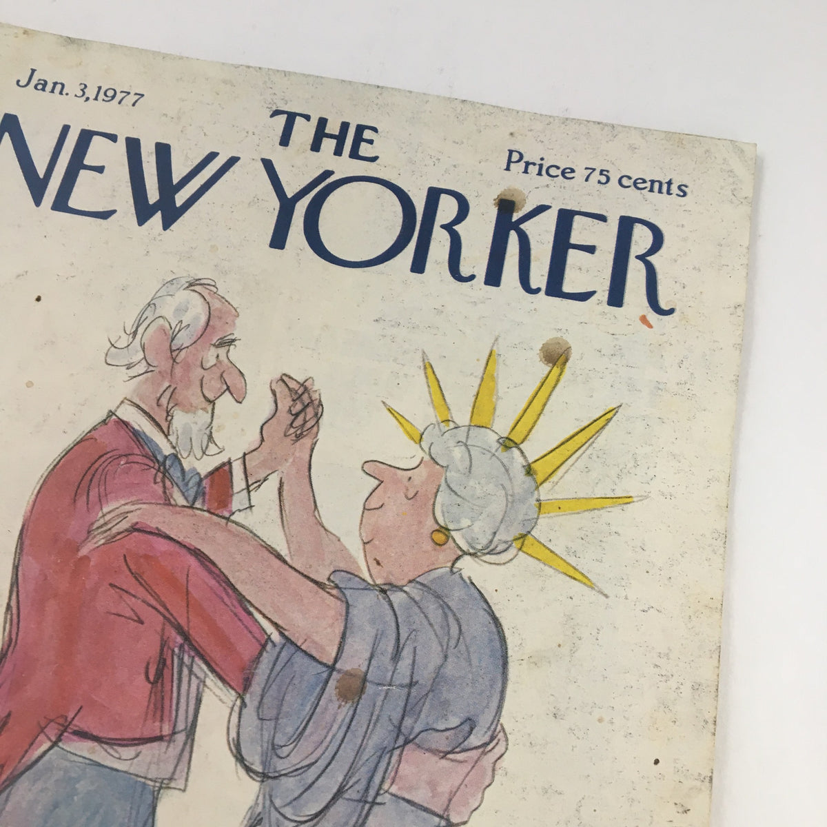 Cover of The New Yorker Magazine January 3 1977 featuring an illustration of Uncle Sam dancing with Lady Liberty by James Stevenson.