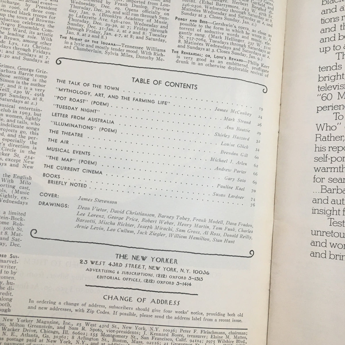 Table of contents from The New Yorker Magazine January 3 1977 detailing featured articles and authors.