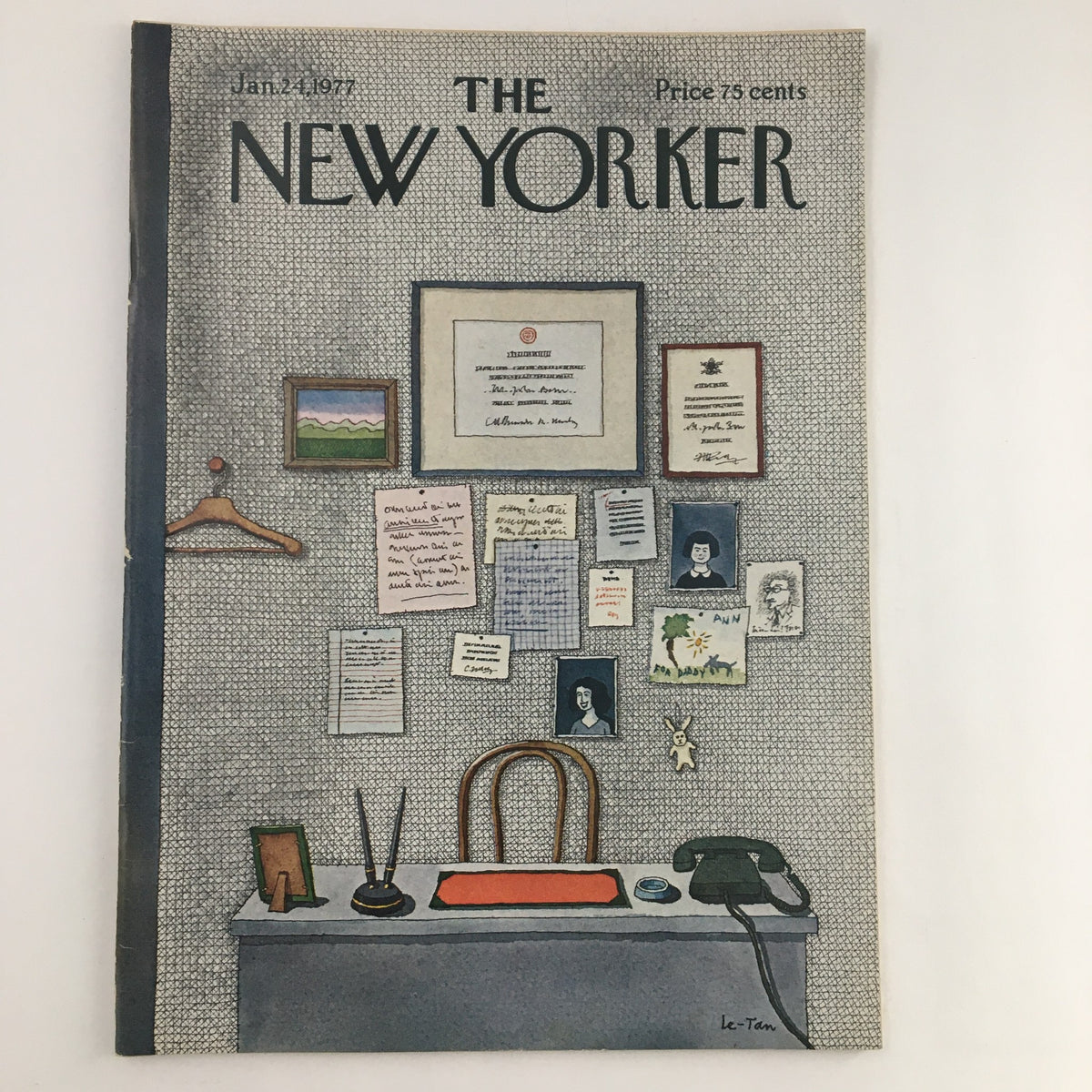 The New Yorker Magazine January 24, 1977 cover featuring a detailed illustration by Pierre Le-Tan, depicting a wall adorned with notes, a coat hanger, and an organized desk with pens and a telephone.