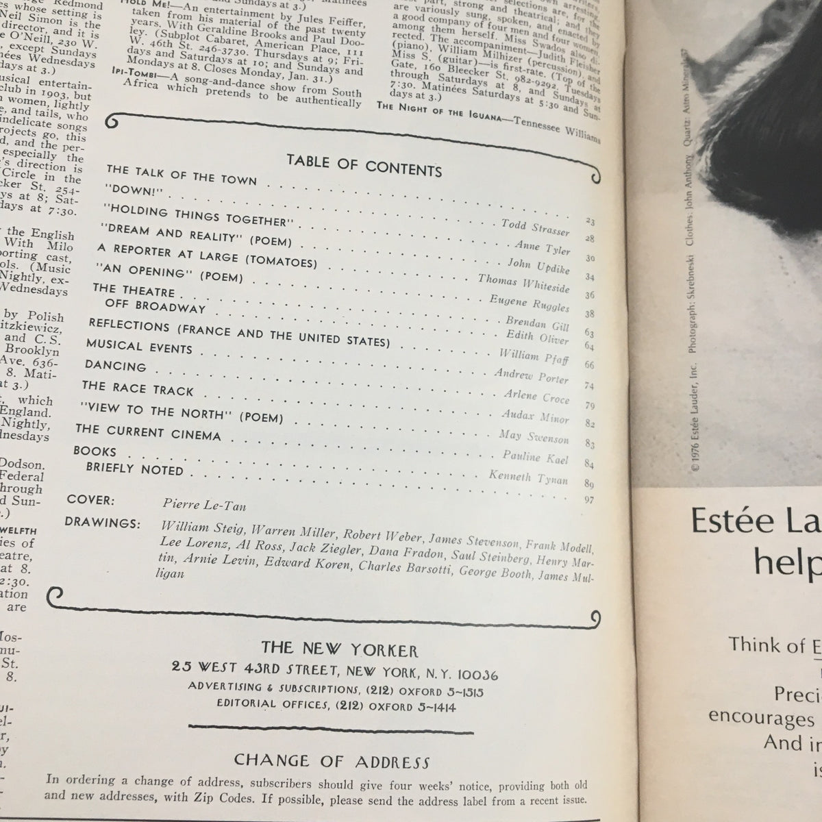 Interior page of The New Yorker Magazine January 24, 1977 showcasing the table of contents and acknowledgments, highlighting various articles and the cover art by Pierre Le-Tan.