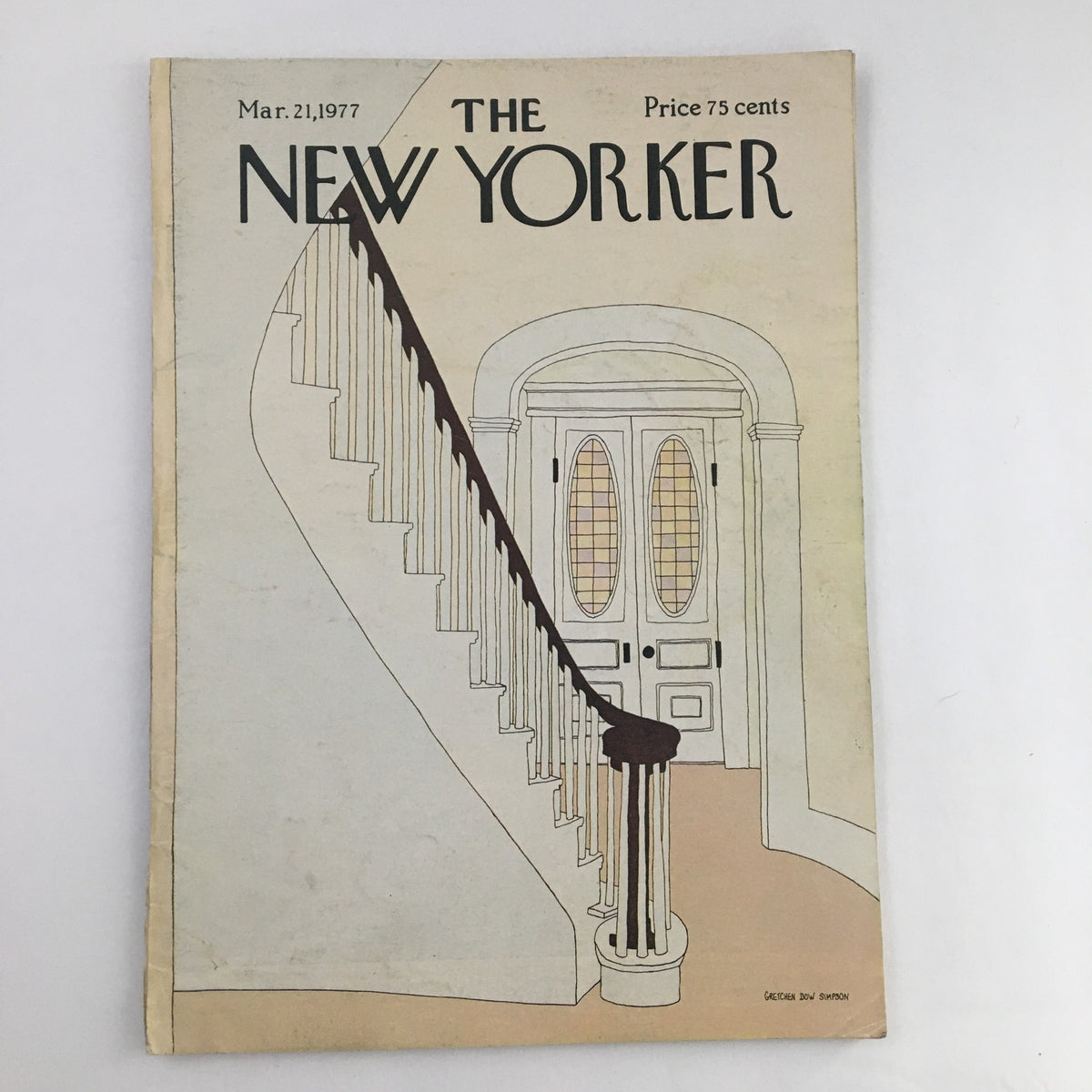 Cover of The New Yorker Magazine March 21, 1977, featuring the artwork 'Staircase Home' by Gretchen Dow Simpson, showcasing an elegant staircase and entrance.