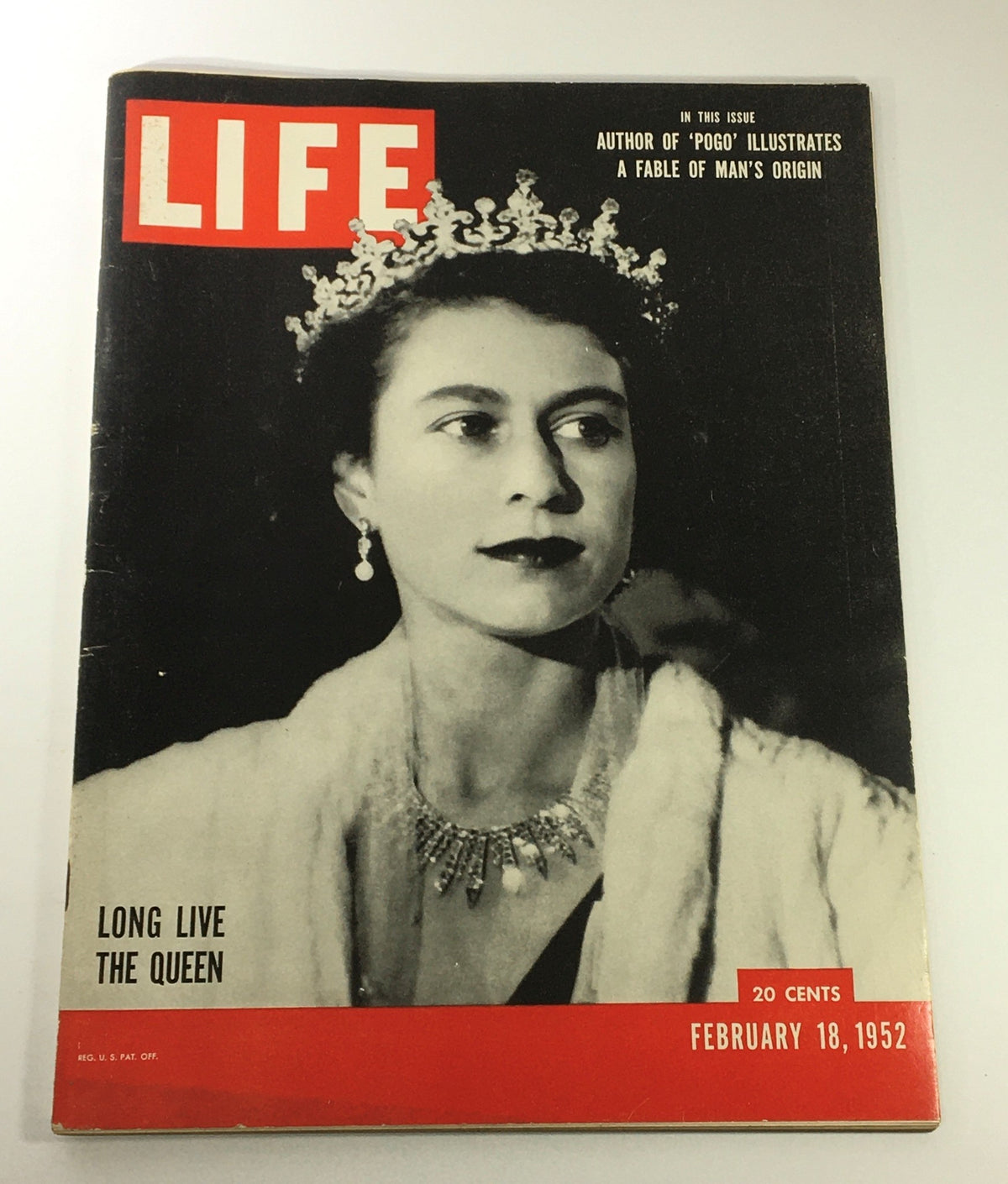 VTG Life Magazine from February 18, 1952, featuring a cover celebrating Queen Elizabeth II. The magazine displays a vintage black and white portrait of Queen Elizabeth wearing a crown and elegant jewelry, with the title 'LONG LIVE THE QUEEN' prominently featured.