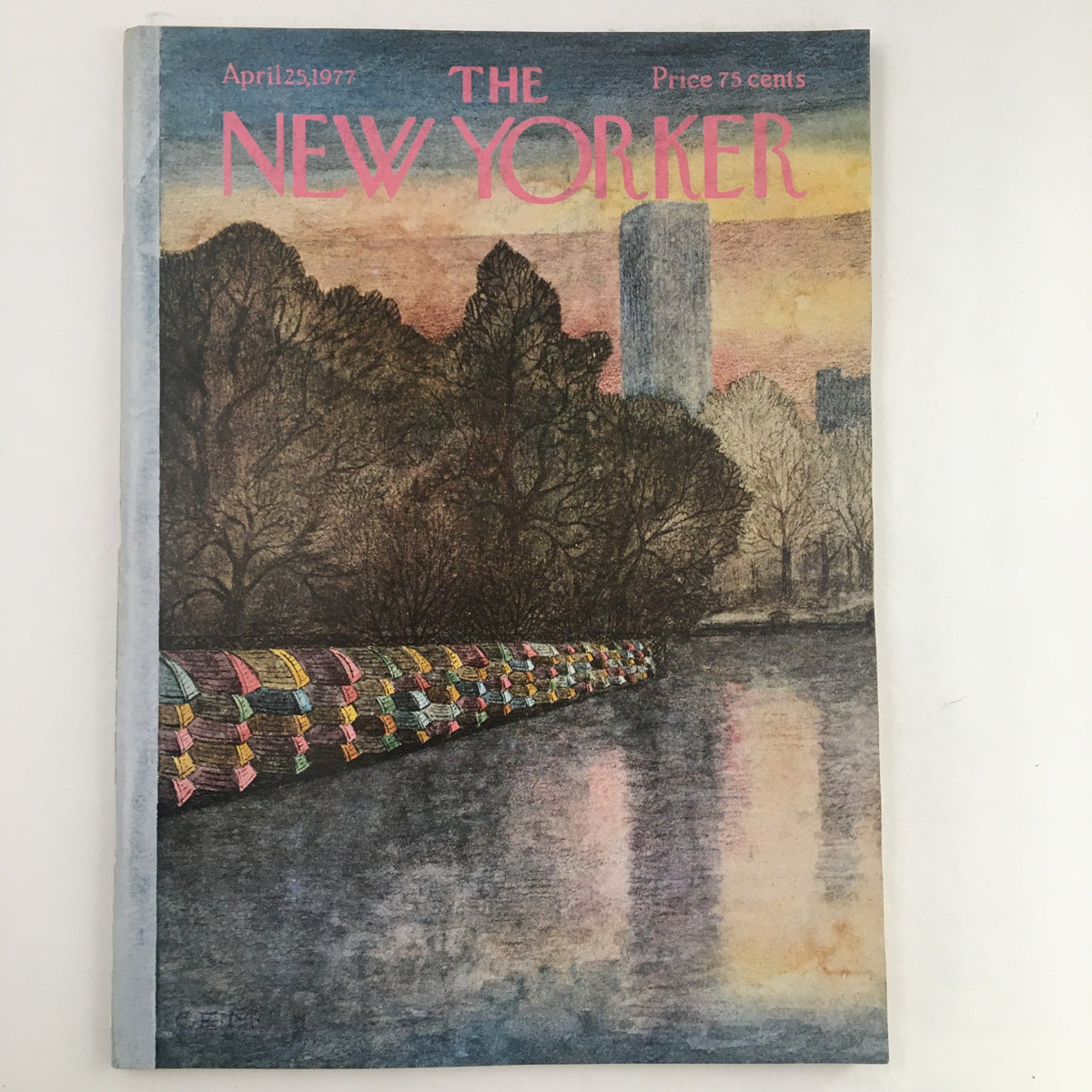 Cover of The New Yorker Magazine April 25 1977 featuring artwork titled Riverbanks by Charles E. Martin, showcasing a serene riverbank scene with trees and vibrant colors.