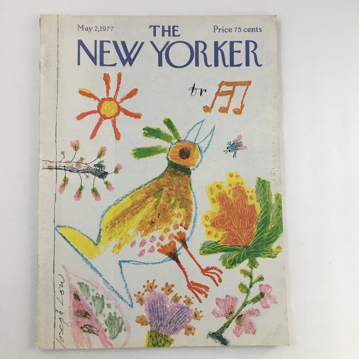 Cover of The New Yorker Magazine May 2 1977 featuring the hand-drawn illustration 'Singing Bird' by Joseph Low, showcasing vibrant colors and whimsical design elements.