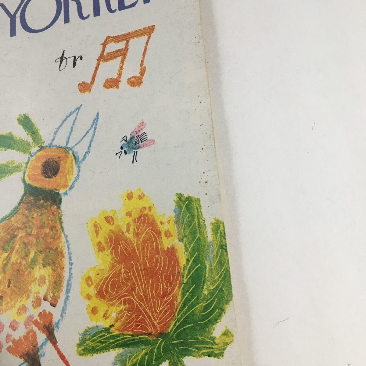 Close-up of The New Yorker Magazine May 2 1977 cover, highlighting the whimsical 'Singing Bird' illustration by Joseph Low with musical notes and floral details.