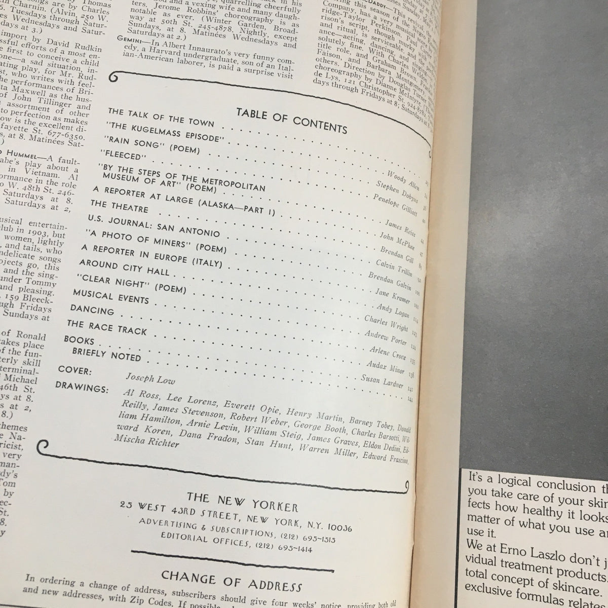 Interior page of The New Yorker Magazine from May 2, 1977, featuring the table of contents and cover artist Joseph Low. This edition showcases a mix of cultural articles and illustrations, reflecting the magazine's unique literary style.