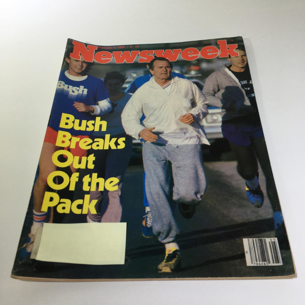 Cover of Newsweek Magazine from February 4, 1980, featuring the headline 'Bush Breaks Out Of the Pack' with an image of George H.W. Bush running alongside other joggers, highlighting his emergence in politics.
