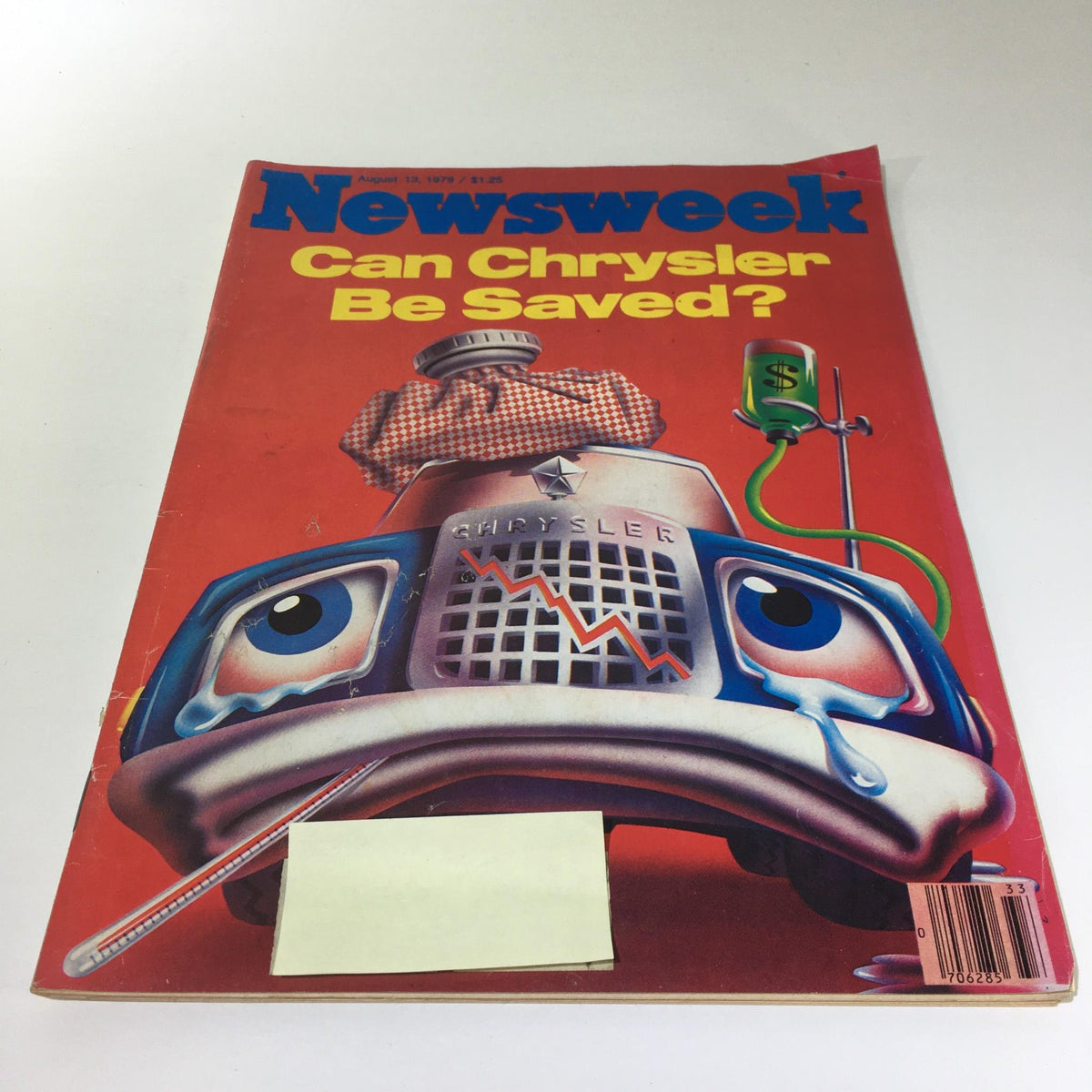 Newsweek Magazine cover from August 13, 1979, featuring the headline 'Can Chrysler Be Saved?' The cover displays a unique artistic depiction of a distressed car with large eyes, a thermometer, and a dollar sign indicator, symbolizing the automotive crisis.