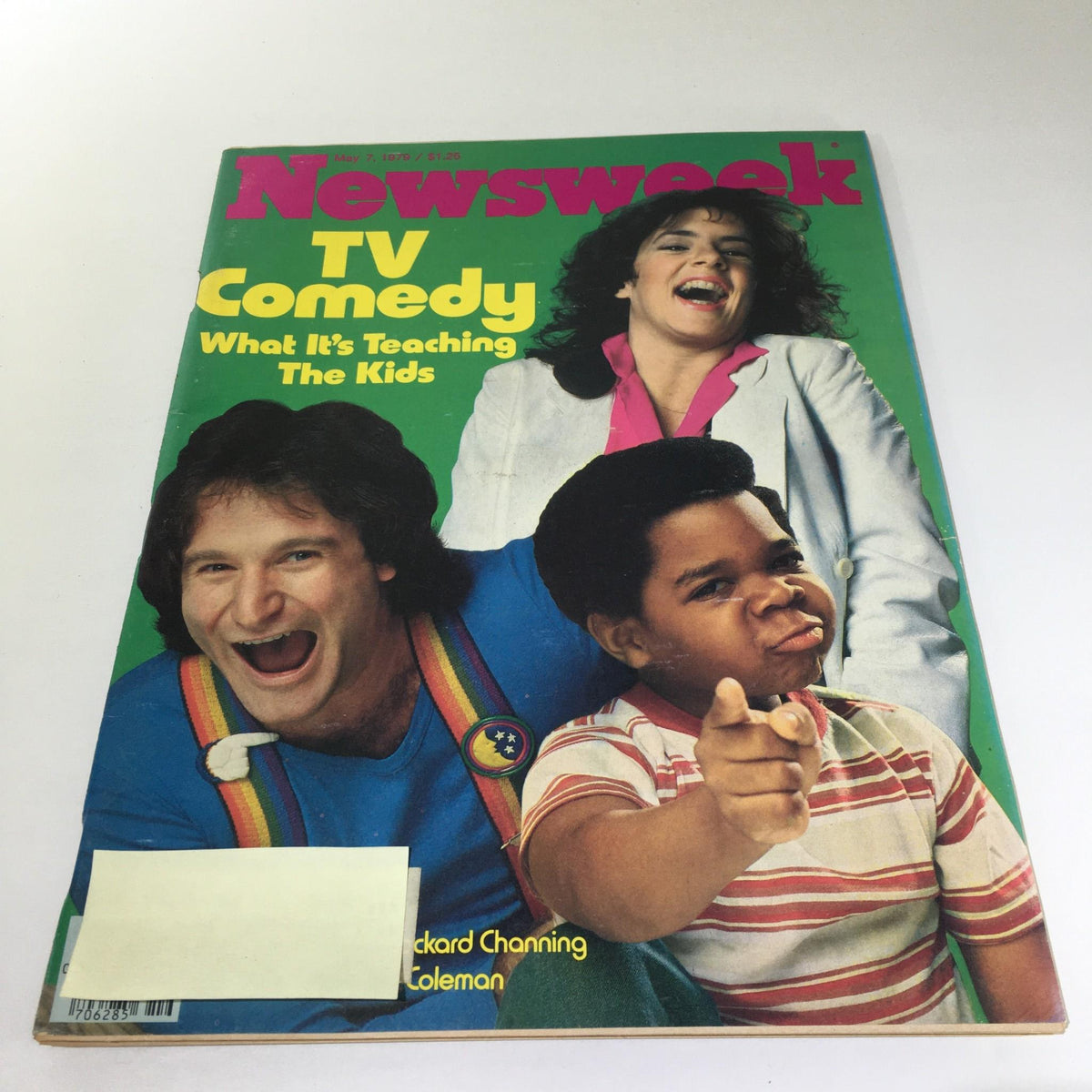 Cover of Newsweek Magazine from May 7, 1979, featuring the title 'TV Comedy: What It's Teaching The Kids.' The vibrant cover showcases prominent comedic figures of the era, including a smiling man with dark hair wearing rainbow suspenders and two others, all engaged in laughter, reflecting the influence of television comedy on youth culture.