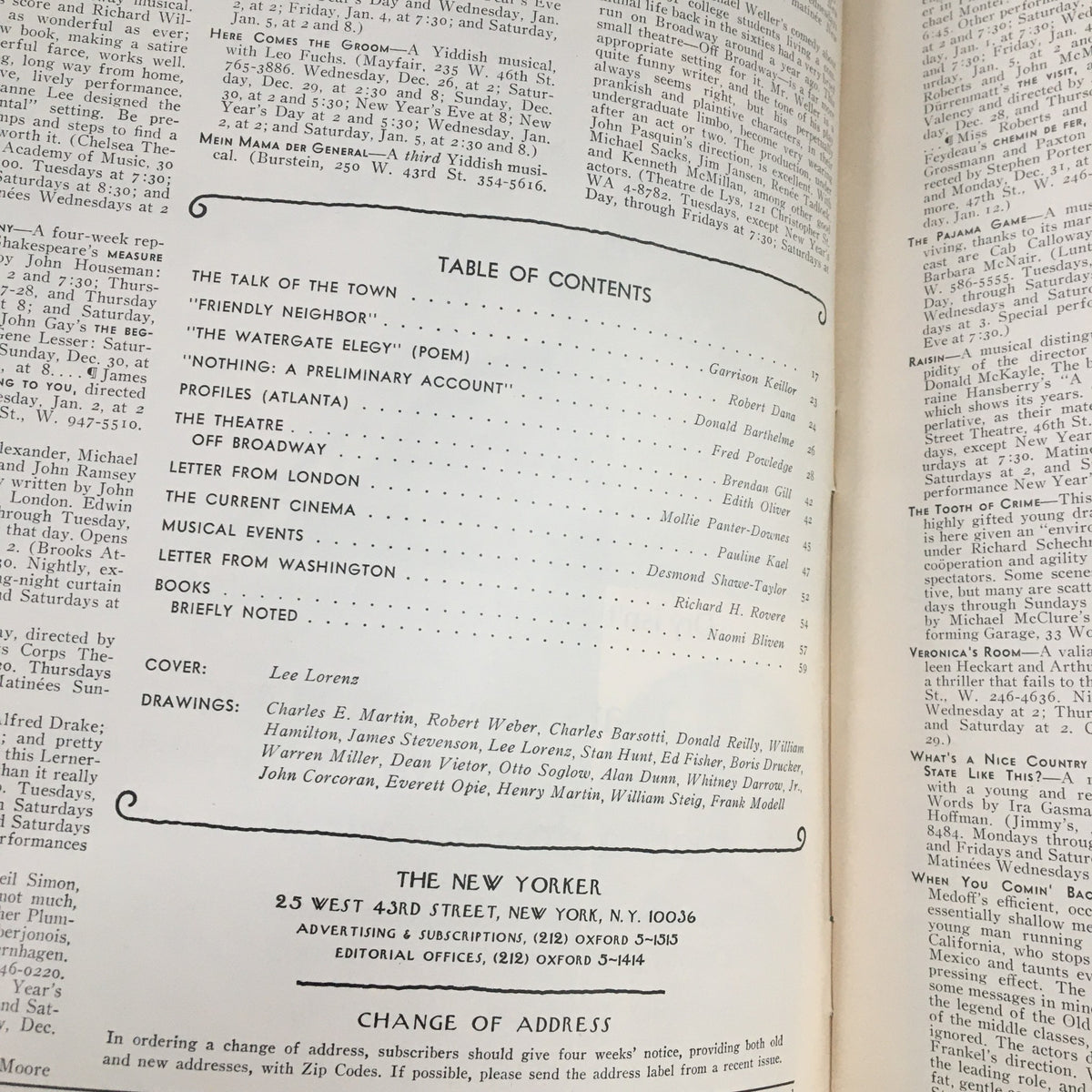 Inside page of The New Yorker Magazine December 31 1973, displaying the table of contents and cover artwork by Lee Lorenz, featuring article titles and contributor names.