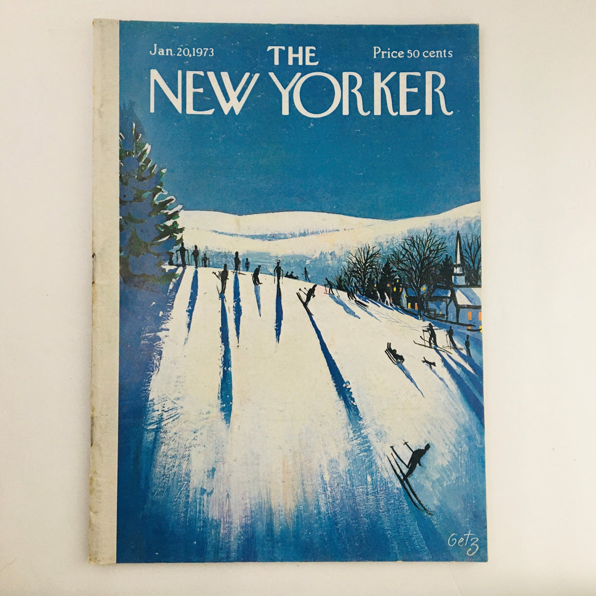 Cover of The New Yorker Magazine dated January 20, 1973, featuring the artwork 'Mountain Skiing' by Arthur Getz, depicting skiers on snowy slopes under a blue sky.
