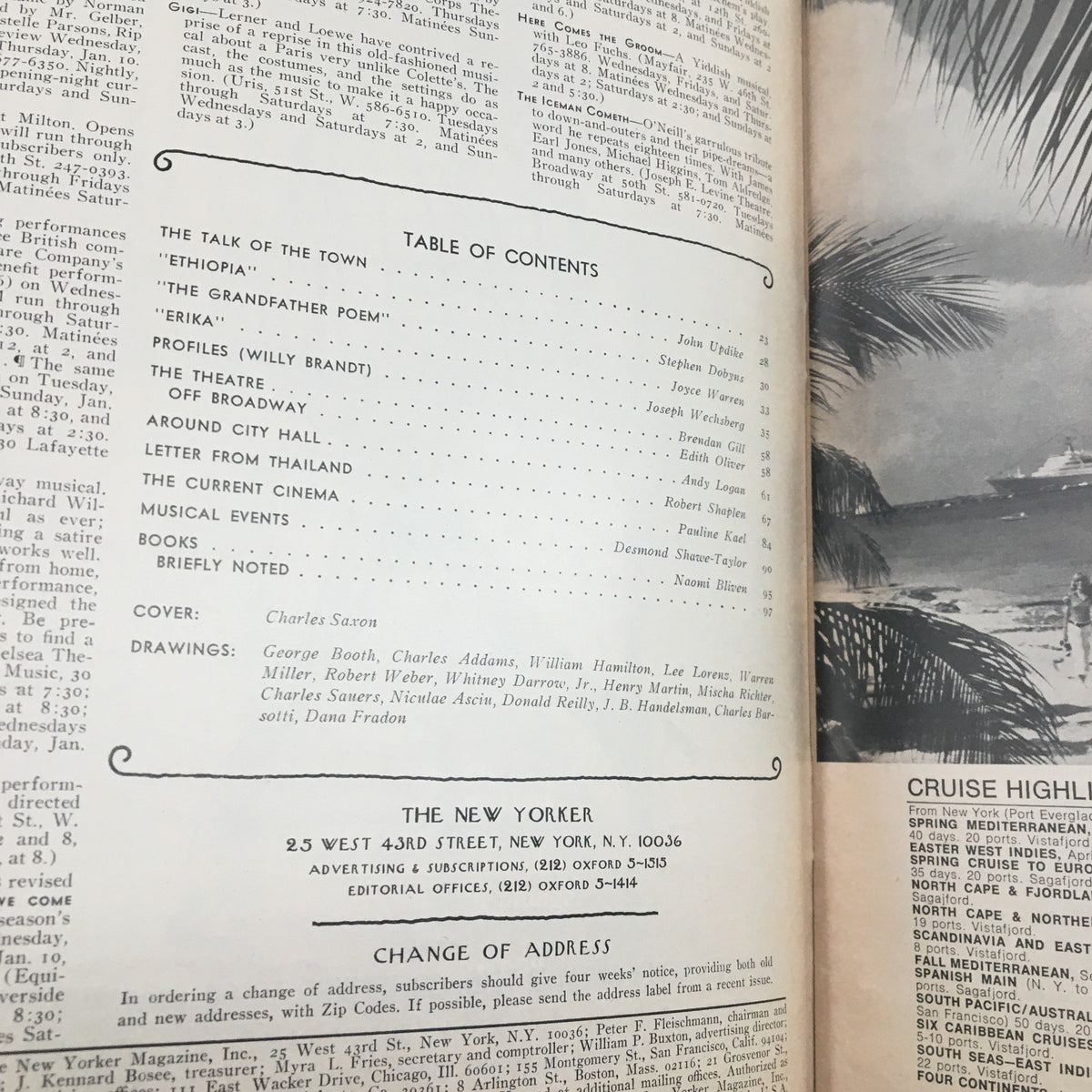 Inside page of The New Yorker Magazine January 14, 1974 displaying the table of contents with articles featuring diverse topics, including the cover artwork by Charles Saxon.