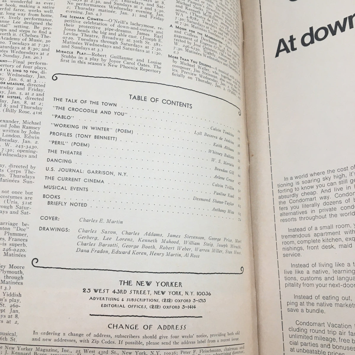 Inside page of The New Yorker Magazine from January 7, 1974, displaying the table of contents and editorial details, highlighting articles and features from the era.