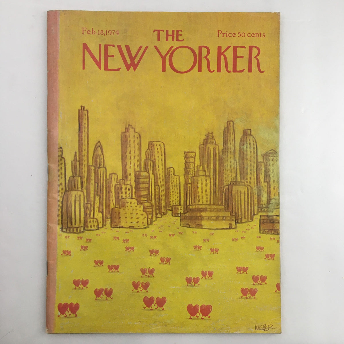 Cover of The New Yorker Magazine February 18, 1974, featuring the illustration 'City of Love' by Robert Weber, showcasing a vibrant urban landscape with heart motifs among skyscrapers.