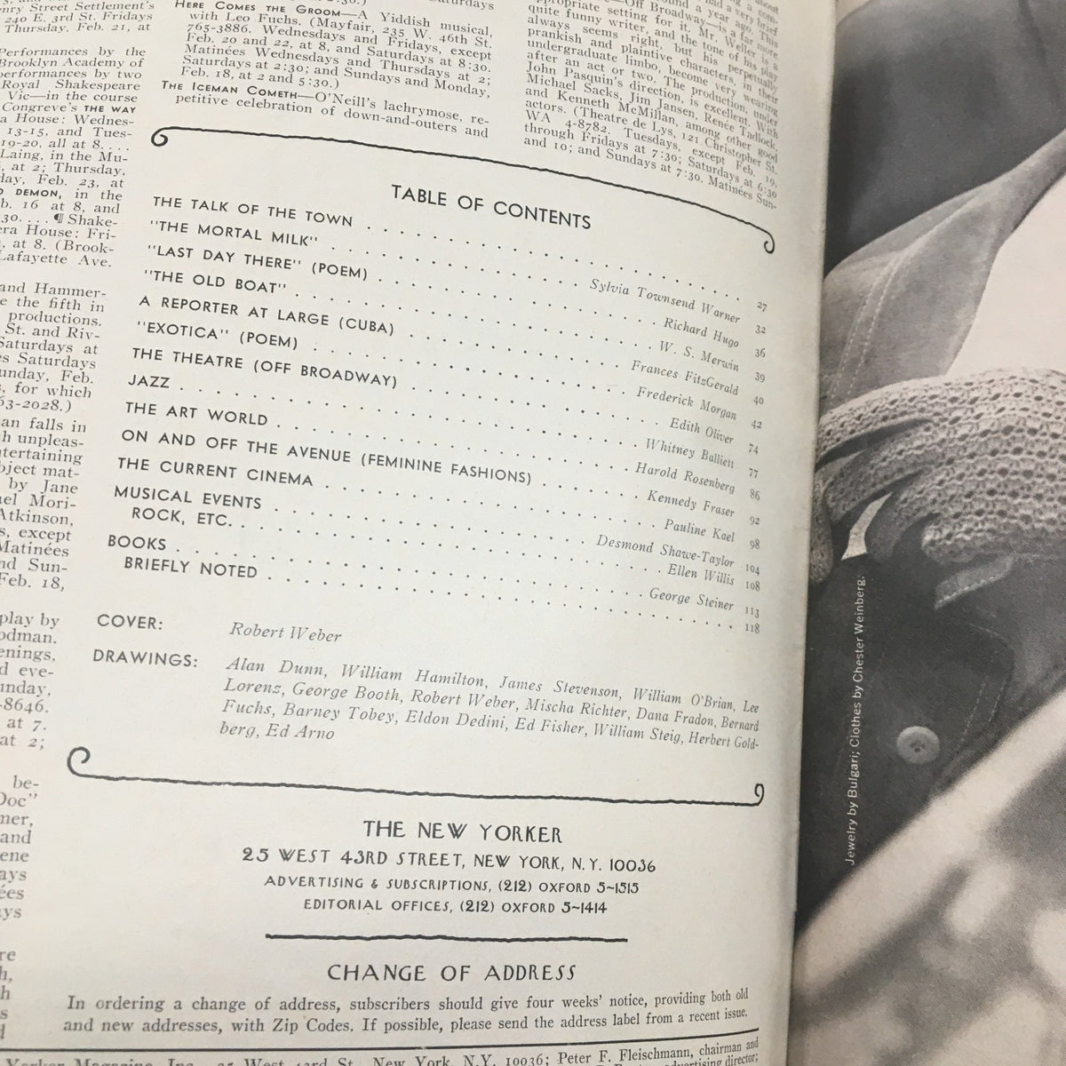 Table of Contents from The New Yorker Magazine February 18 1974, featuring articles and creative works, highlighting cover art by Robert Weber.