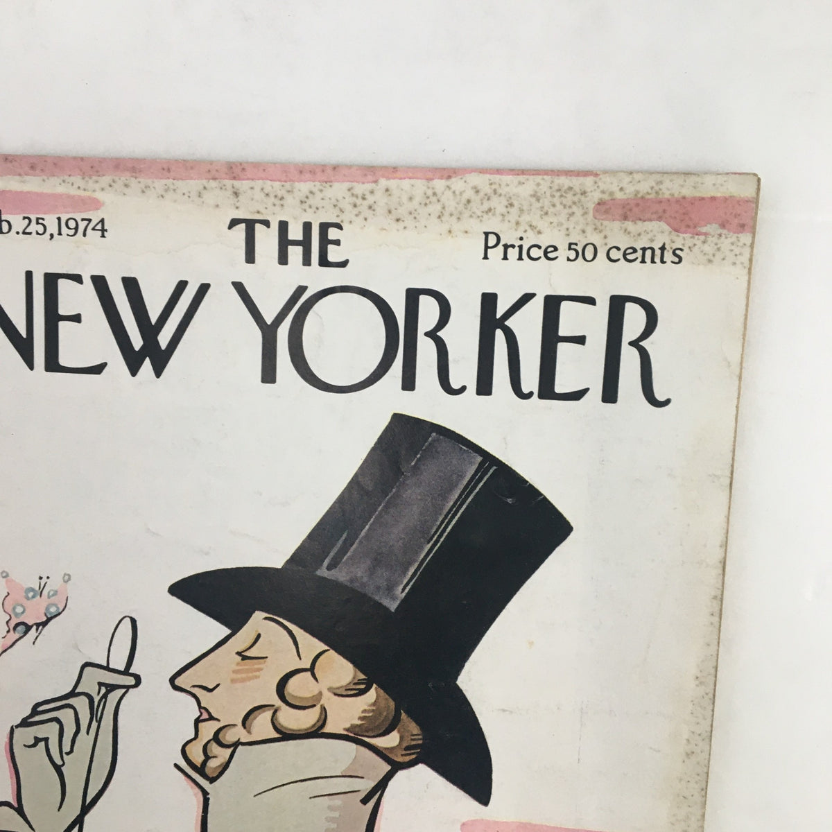 Close-up of The New Yorker Magazine February 25, 1974 cover, highlighting the illustration by Rea Irvin of a gentleman in a top hat, with the magazine's title and date prominently displayed.