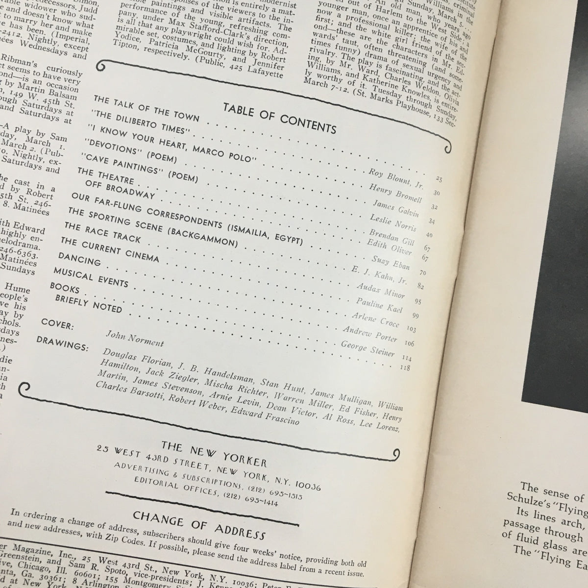 Interior page of The New Yorker Magazine March 6 1978 displaying the table of contents, featuring diverse articles and listings.