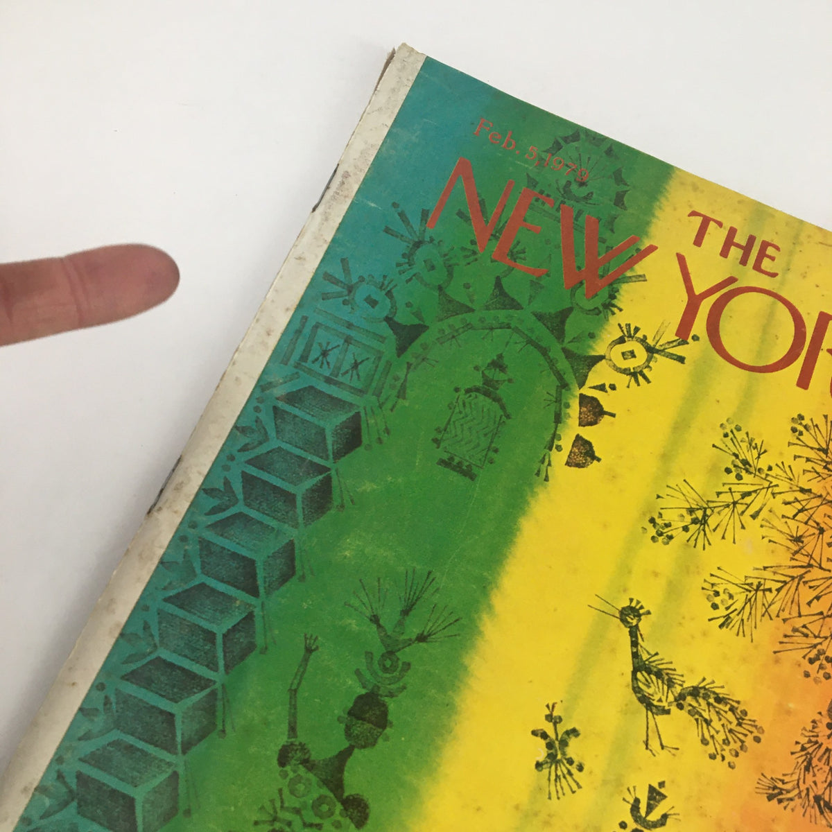 Detail view of the cover of The New Yorker Magazine February 5 1979, highlighting the art 'Animal Rainbow' by Joseph Low with notable color gradients.