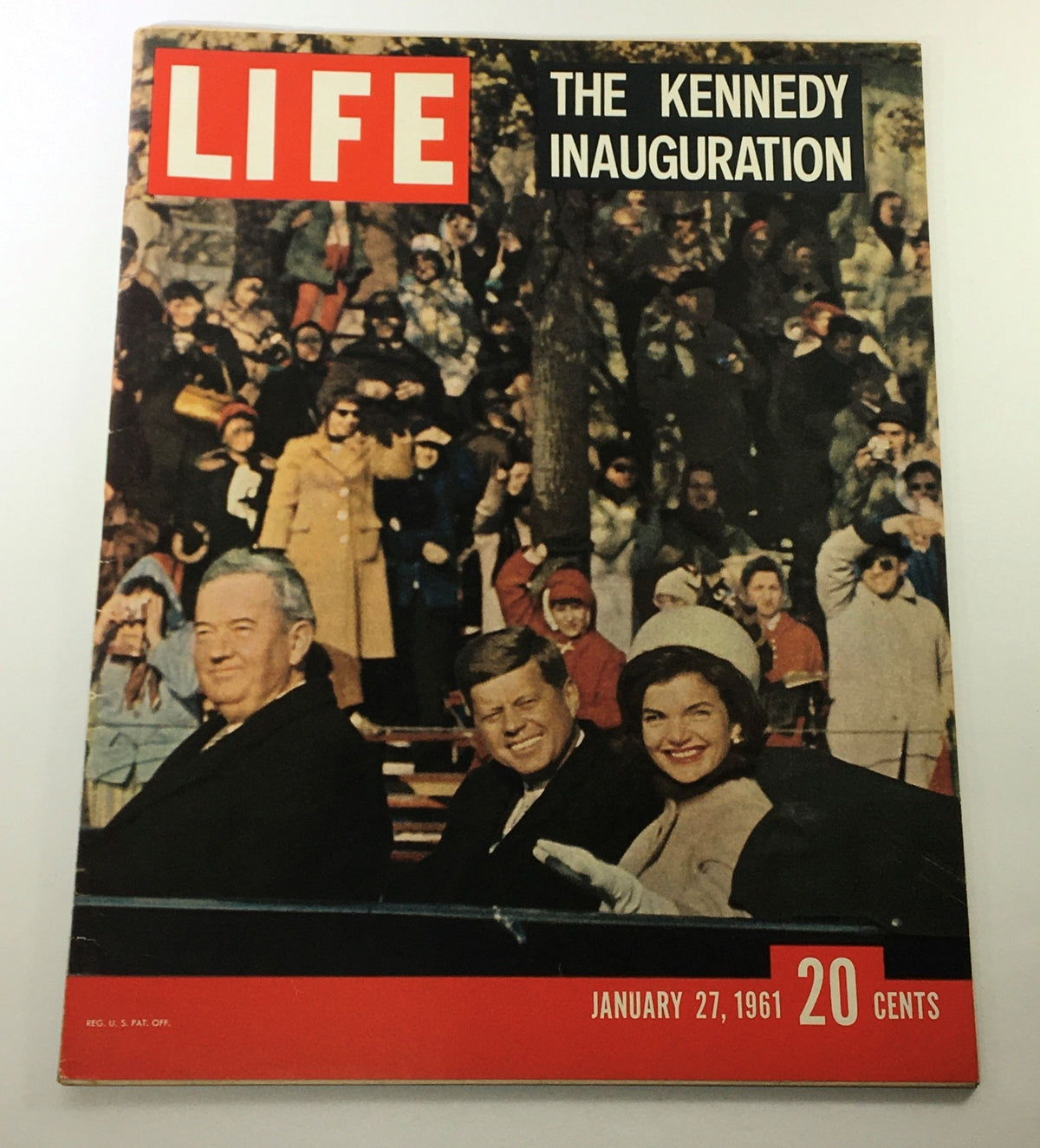 VTG Life Magazine January 27 1961 John F. Kennedy & Jackie Kennedy cover showcasing the historic inauguration ceremony with fans and supporters in attendance.