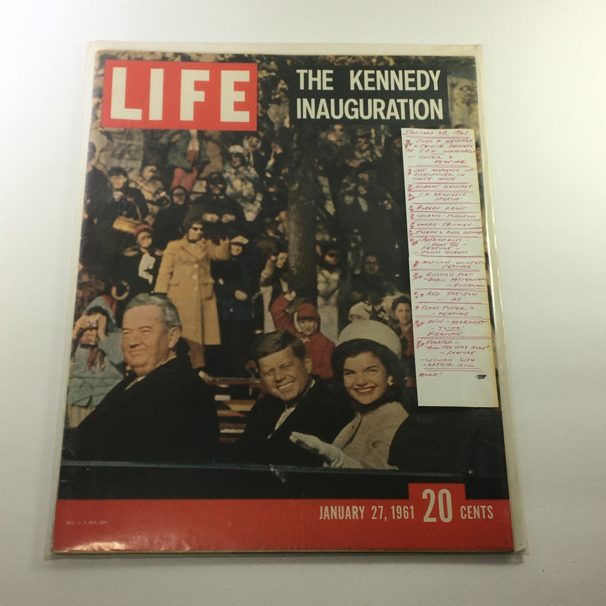 VTG Life Magazine January 27 1961 John F. Kennedy & Jackie Kennedy featuring the iconic cover along with handwritten notes next to the vintage image.