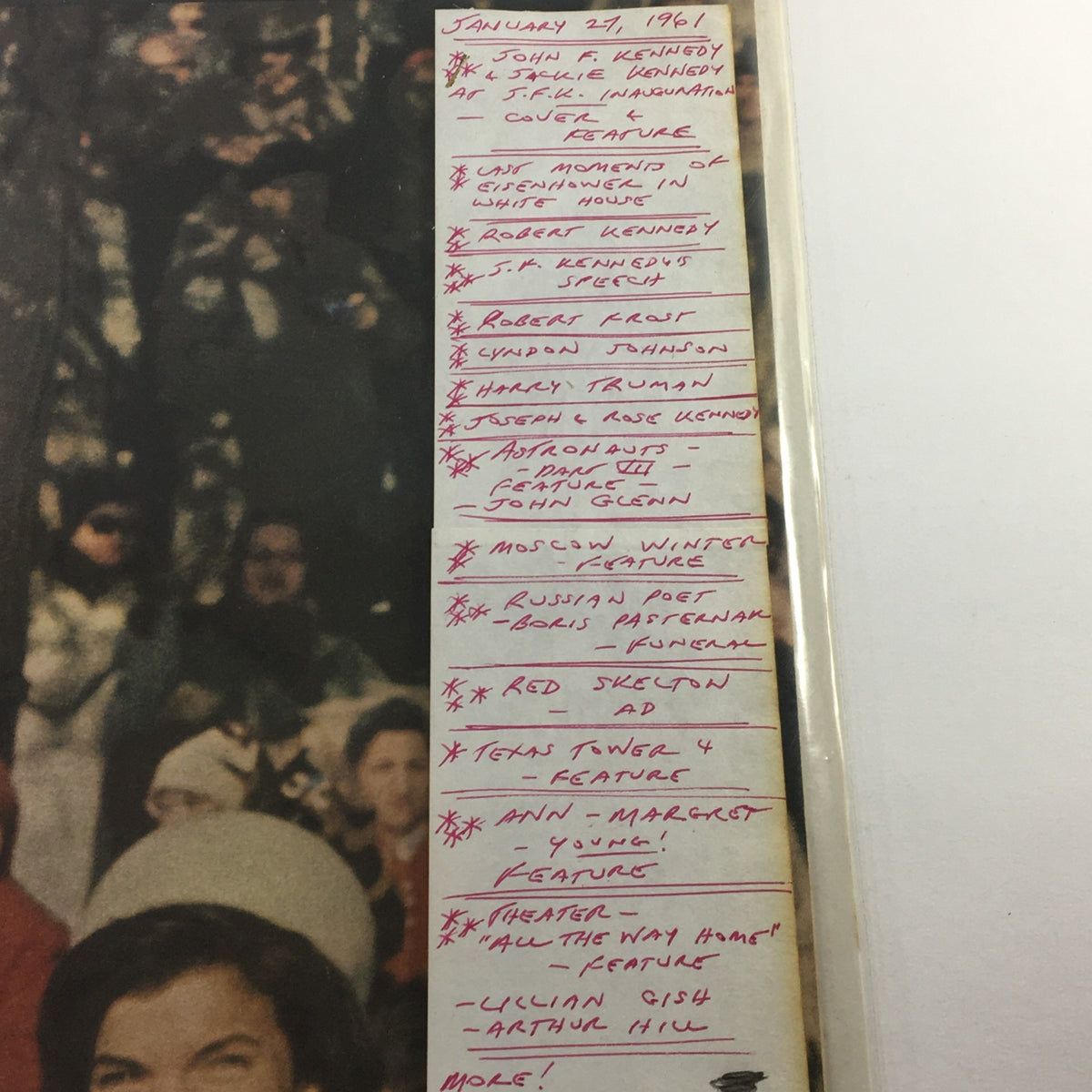 VTG Life Magazine January 27 1961 John F. Kennedy & Jackie Kennedy inside page displaying handwritten notes detailing feature articles related to the Kennedy inauguration.
