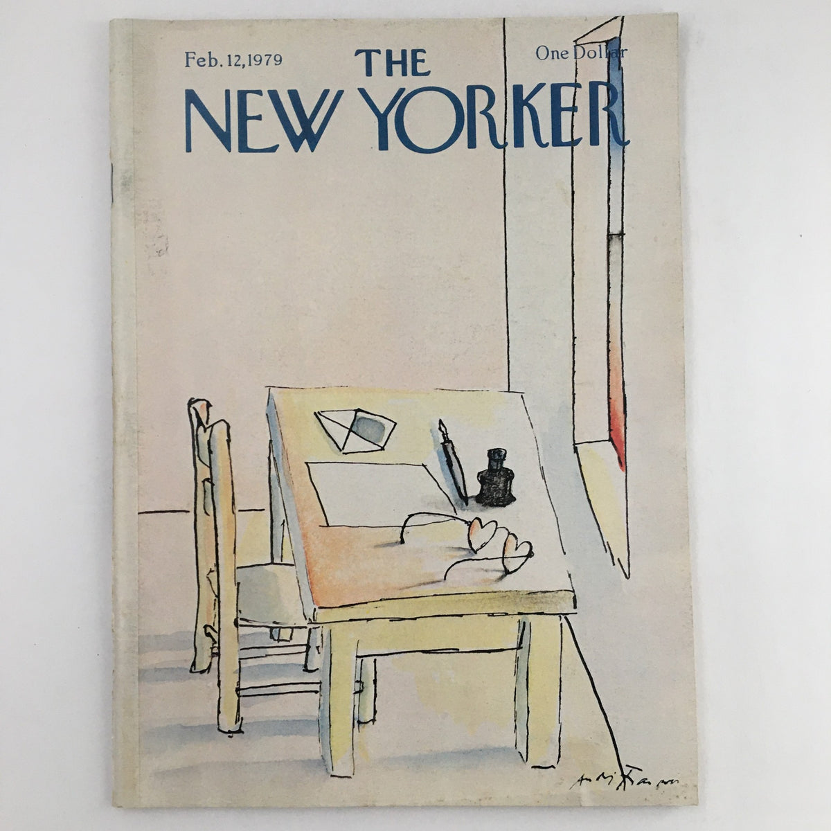 Cover of The New Yorker Magazine dated February 12, 1979, featuring an illustration titled 'Office Table' by Andre Francois, depicting a simple table setup with geometric shapes and a pen.
