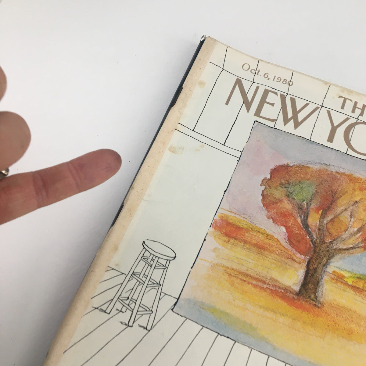 Detailed view of The New Yorker Magazine cover from October 6, 1980, highlighting the tree painting by Eugene Mihaesco with a focus on the artistic elements.