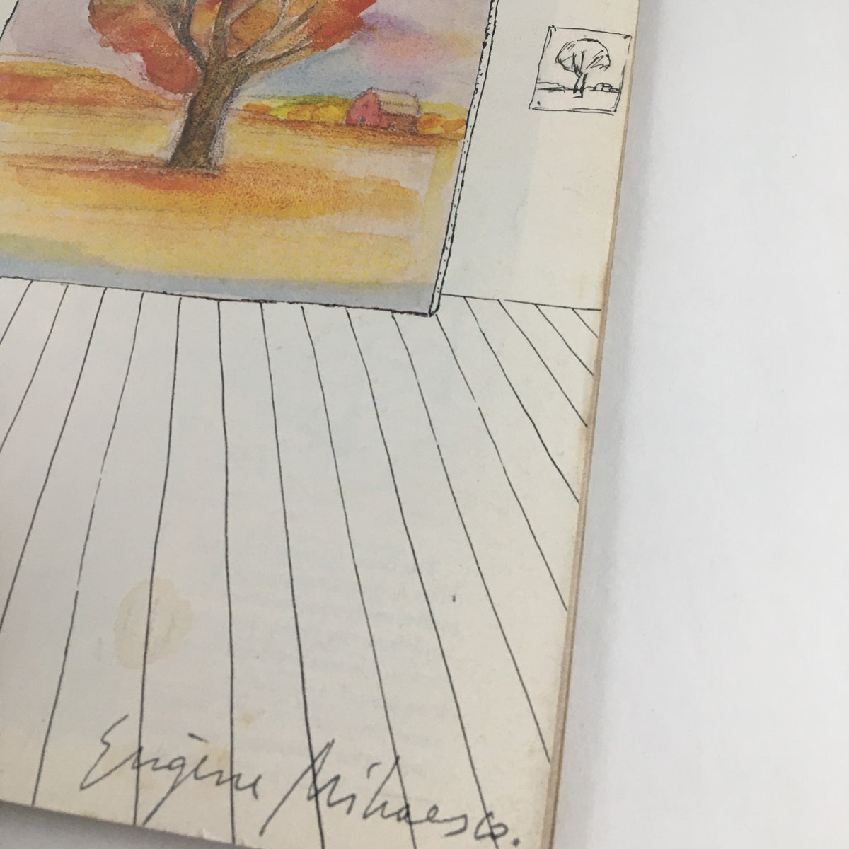 Close-up of the artwork on The New Yorker Magazine cover, October 6, 1980, displaying the signature of artist Eugene Mihaesco beneath the tree painting.