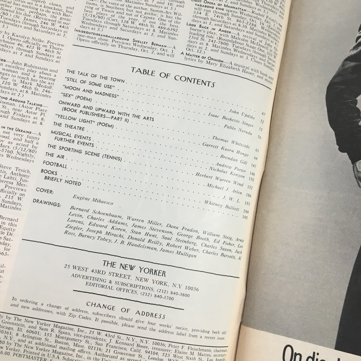 Table of contents from The New Yorker Magazine, October 6, 1980, listing articles and featuring the cover art by Eugene Mihaesco.