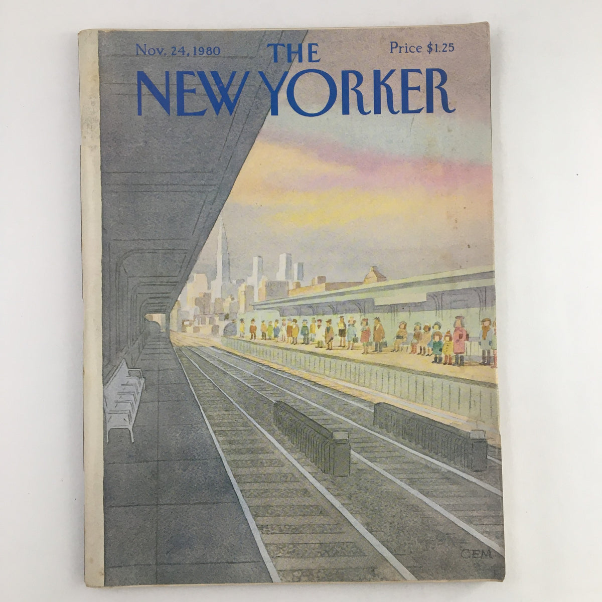 Cover of The New Yorker Magazine from November 24, 1980 featuring artwork titled 'Railway' by Charles E. Martin, showcasing a train station scene with passengers and city skyline.