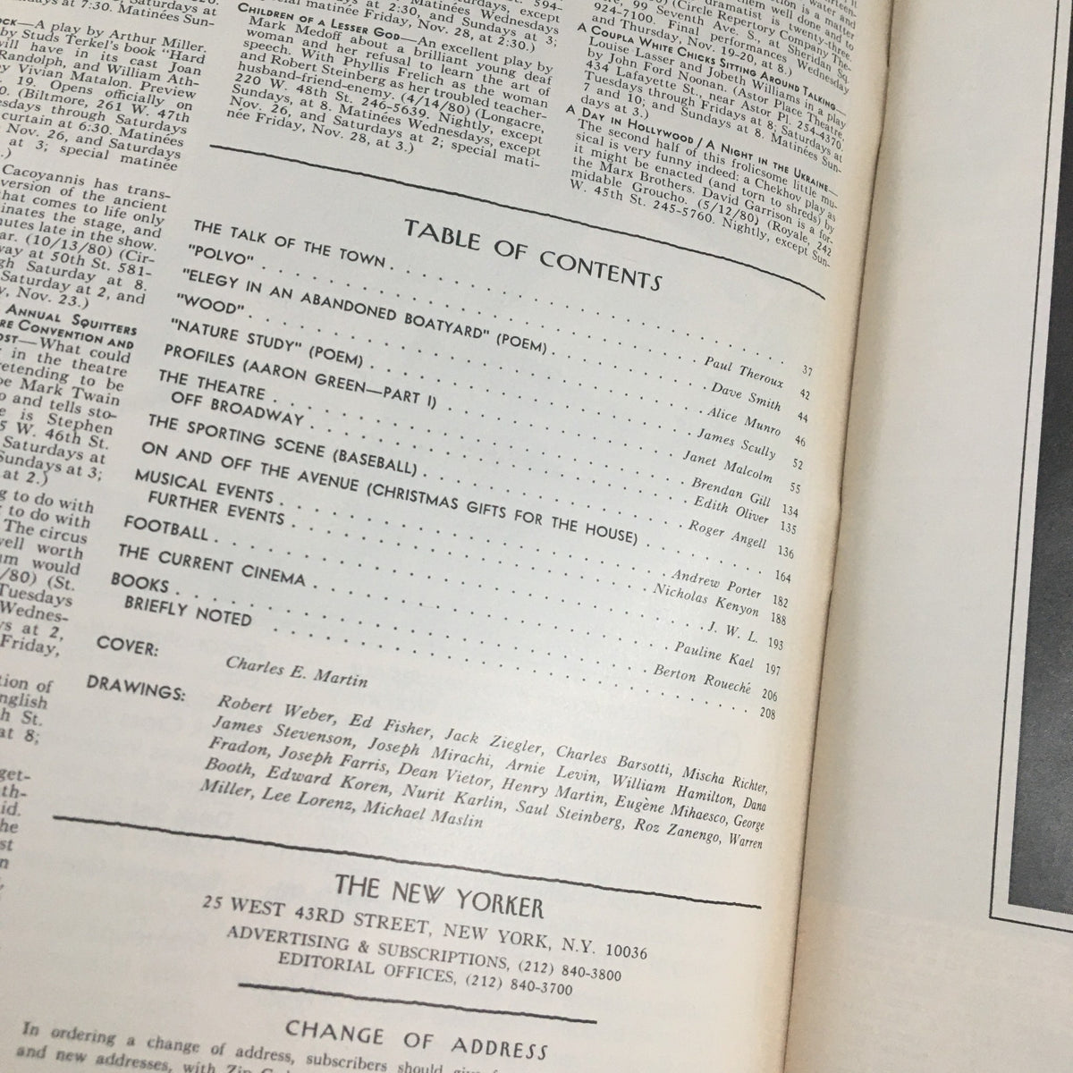 Table of Contents page from The New Yorker Magazine November 24, 1980, listing articles including 'The Talk of the Town' and 'The Theatre', with the cover illustration credited to Charles E. Martin.
