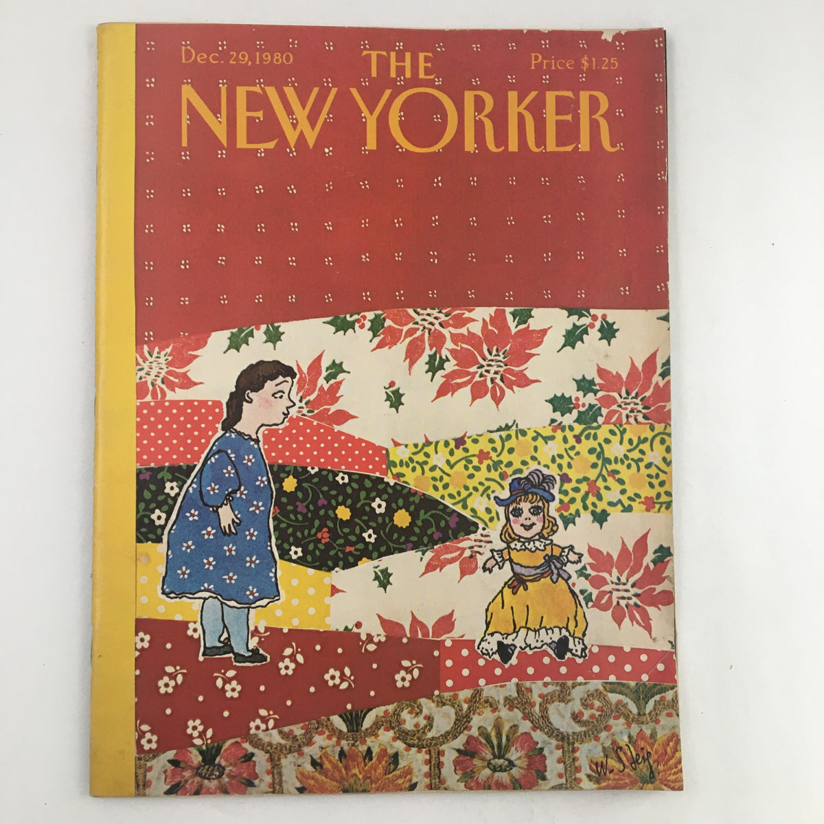 The New Yorker Magazine December 29 1980 cover featuring the charming illustration 'Girl and a Doll' by William Steig, showcasing a whimsical design with colorful patterns and holiday theming.
