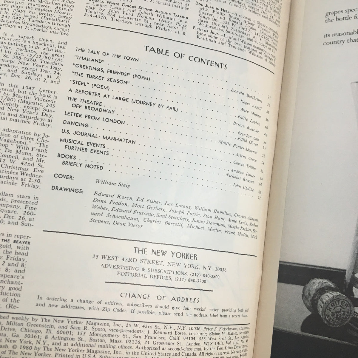 Inside page of The New Yorker Magazine December 29 1980 displaying the table of contents including contributions by William Steig and various authors, framed with vintage typography.
