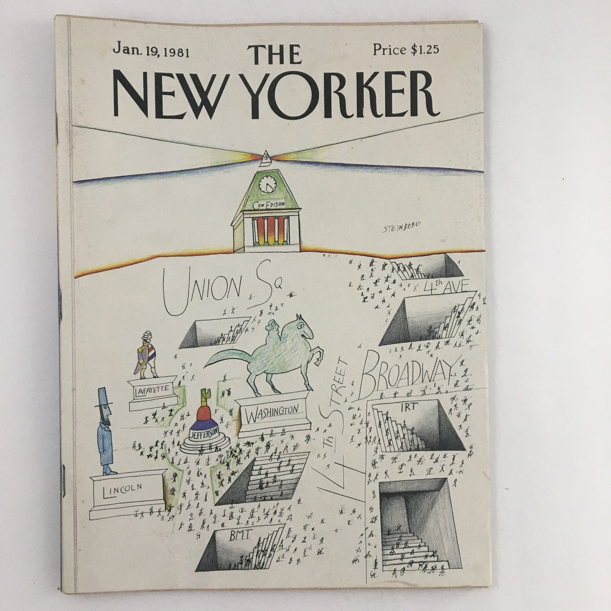 Cover of The New Yorker Magazine January 19, 1981 featuring artwork by Saul Steinberg, depicting a stylized map of New York City's Union Square and Broadway.