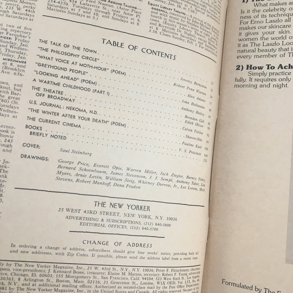 Table of contents page from The New Yorker Magazine January 19, 1981, with listings of articles and drawings by Saul Steinberg, reflecting its unique editorial style.