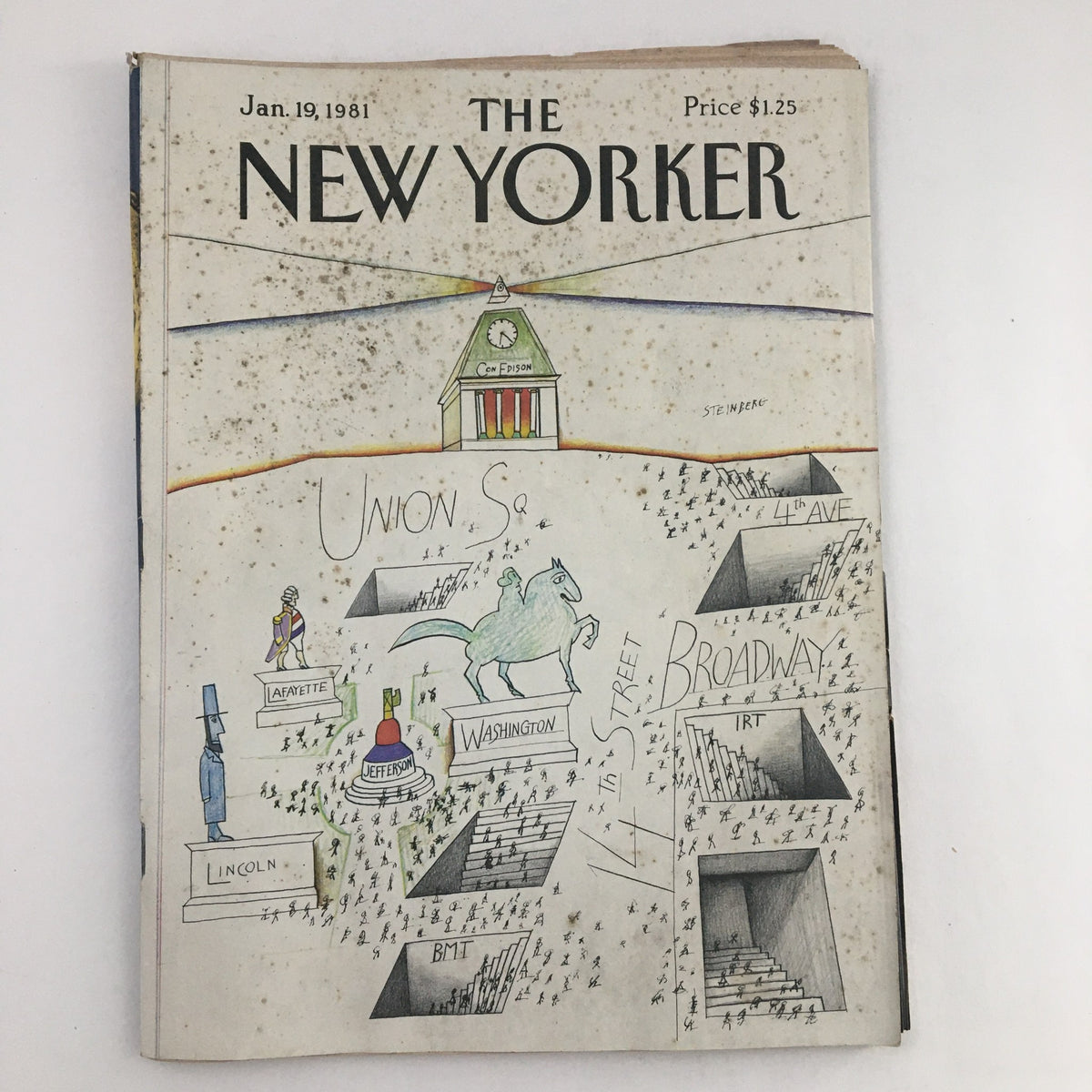 Cover of The New Yorker Magazine January 19 1981 featuring the illustration 'Union Square Street' by Saul Steinberg, showcasing whimsical depictions of New York City landmarks.