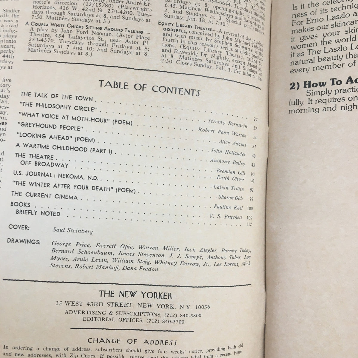 Table of contents page from The New Yorker Magazine January 19 1981, listing articles and illustrations, including the cover art by Saul Steinberg.