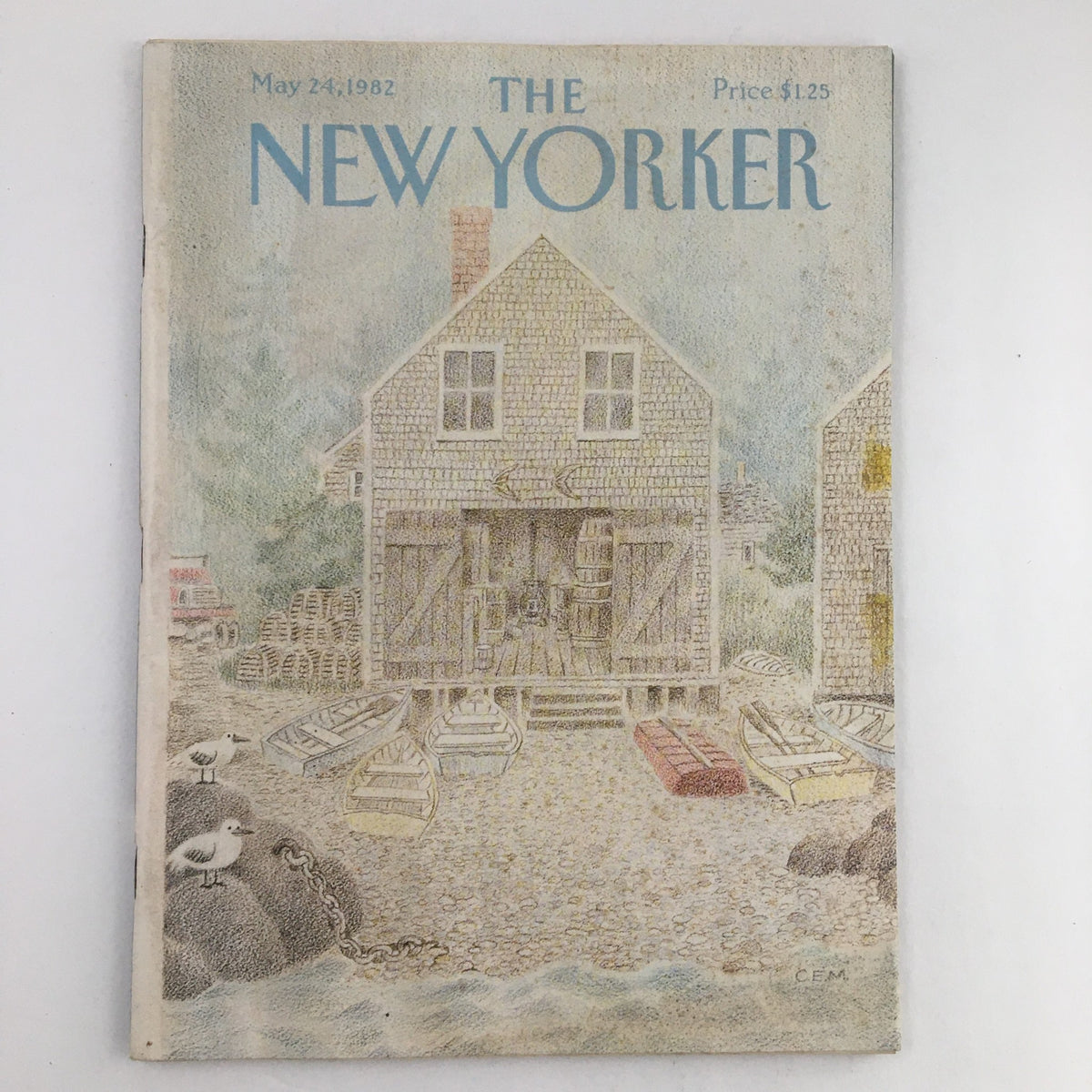 Cover of The New Yorker Magazine, May 24, 1982, featuring an illustration of a coastal barrel house surrounded by boats, highlighting the artistic design relevant to the issue titled 'Barrel House' by Charles E. Martin.