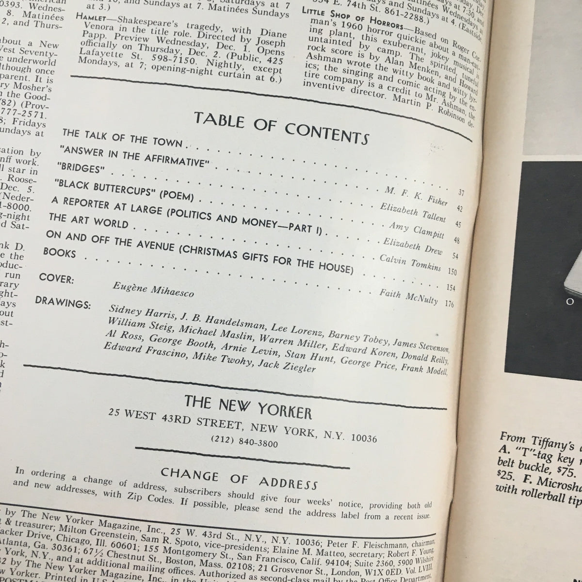 Table of contents page from The New Yorker Magazine December 6, 1982, listing articles and features including the cover artwork by Eugene Mihaesco.