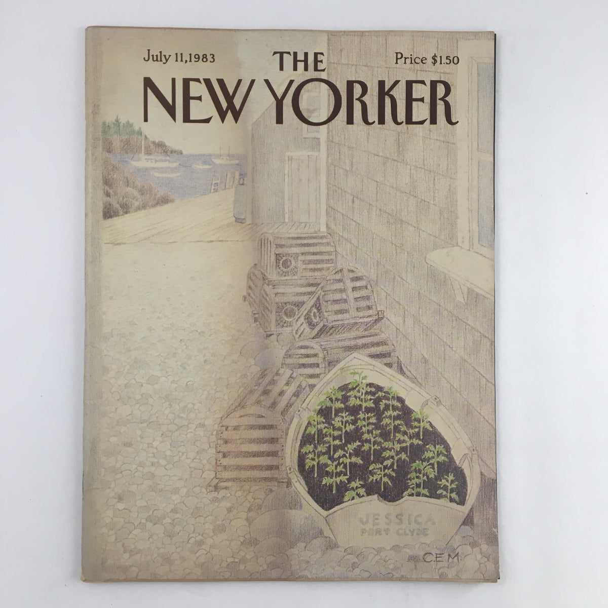 The New Yorker Magazine July 11, 1983 featuring a garden pot illustration by Charles E. Martin, showcasing vintage art with a coastal background.