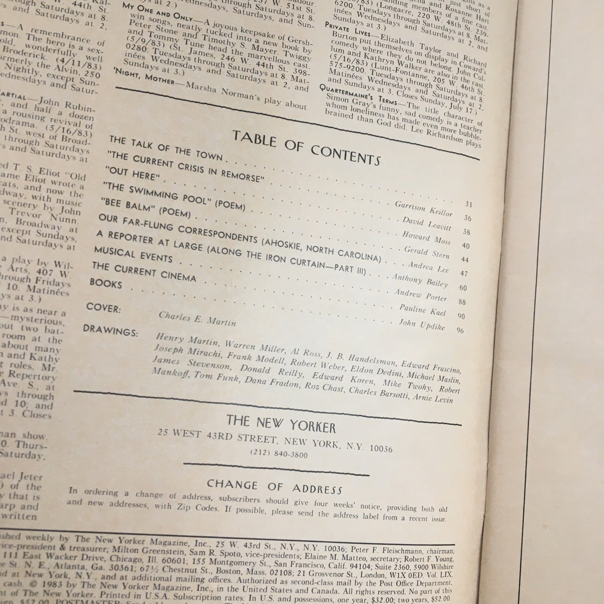 Table of contents from The New Yorker Magazine July 11, 1983, including articles and illustrations, highlighting contributions by Charles E. Martin.