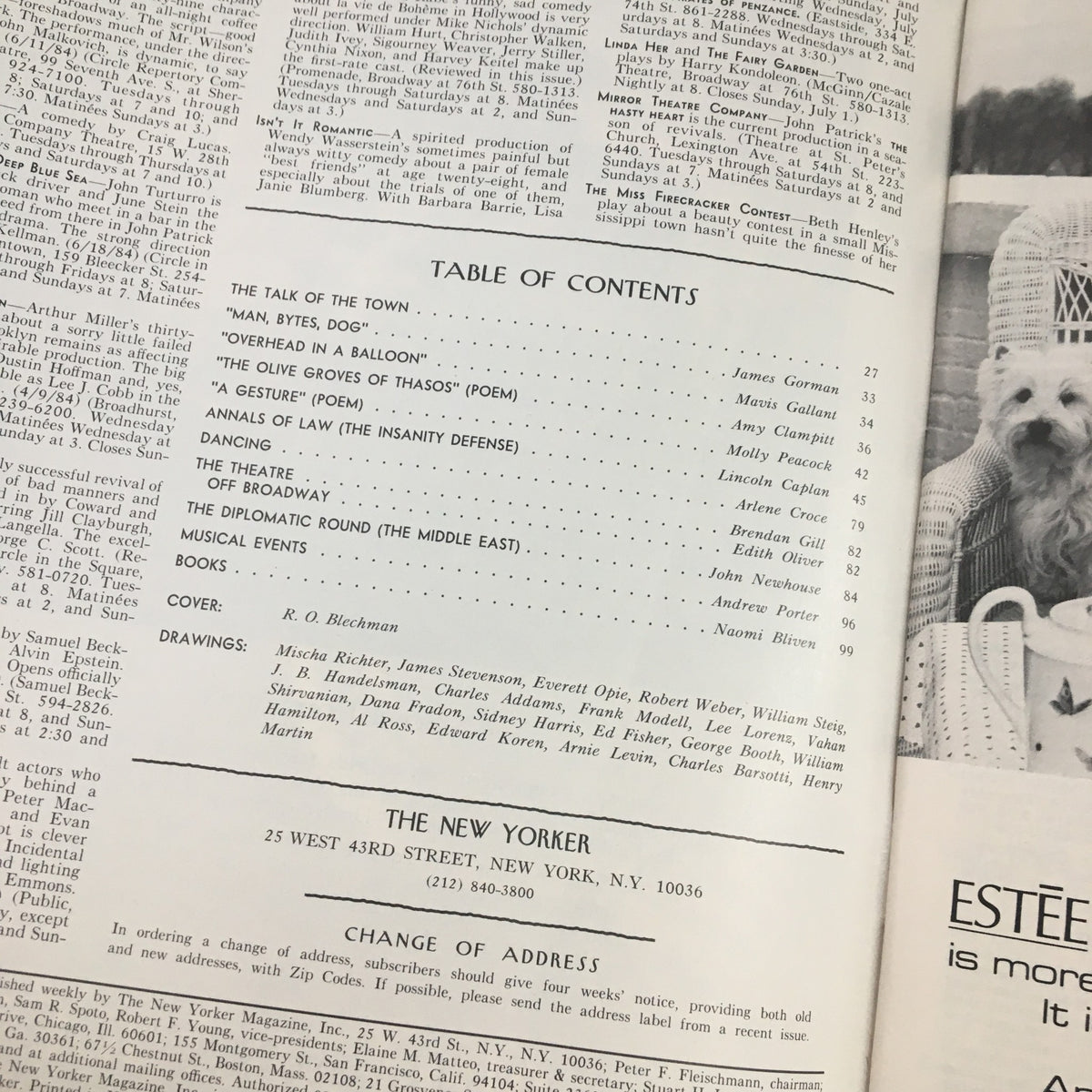 Table of Contents page from The New Yorker Magazine July 2 1984, featuring various article titles and the cover attribution to R.O. Blechman.