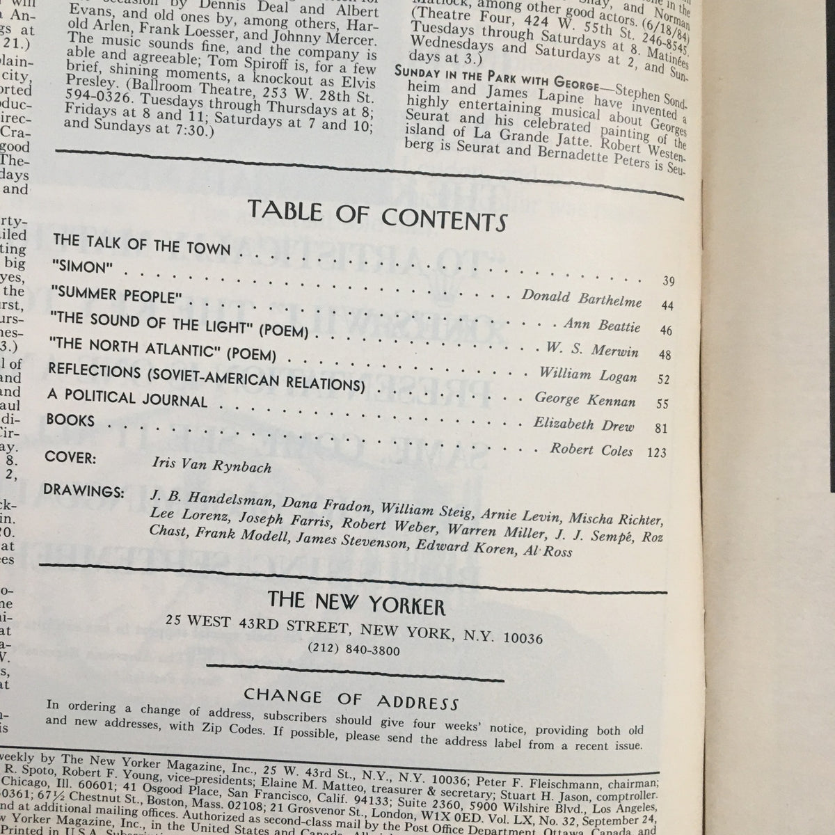 Table of contents from The New Yorker Magazine September 24, 1984, including editorial highlights and the cover artist Iris Van Rynbach.
