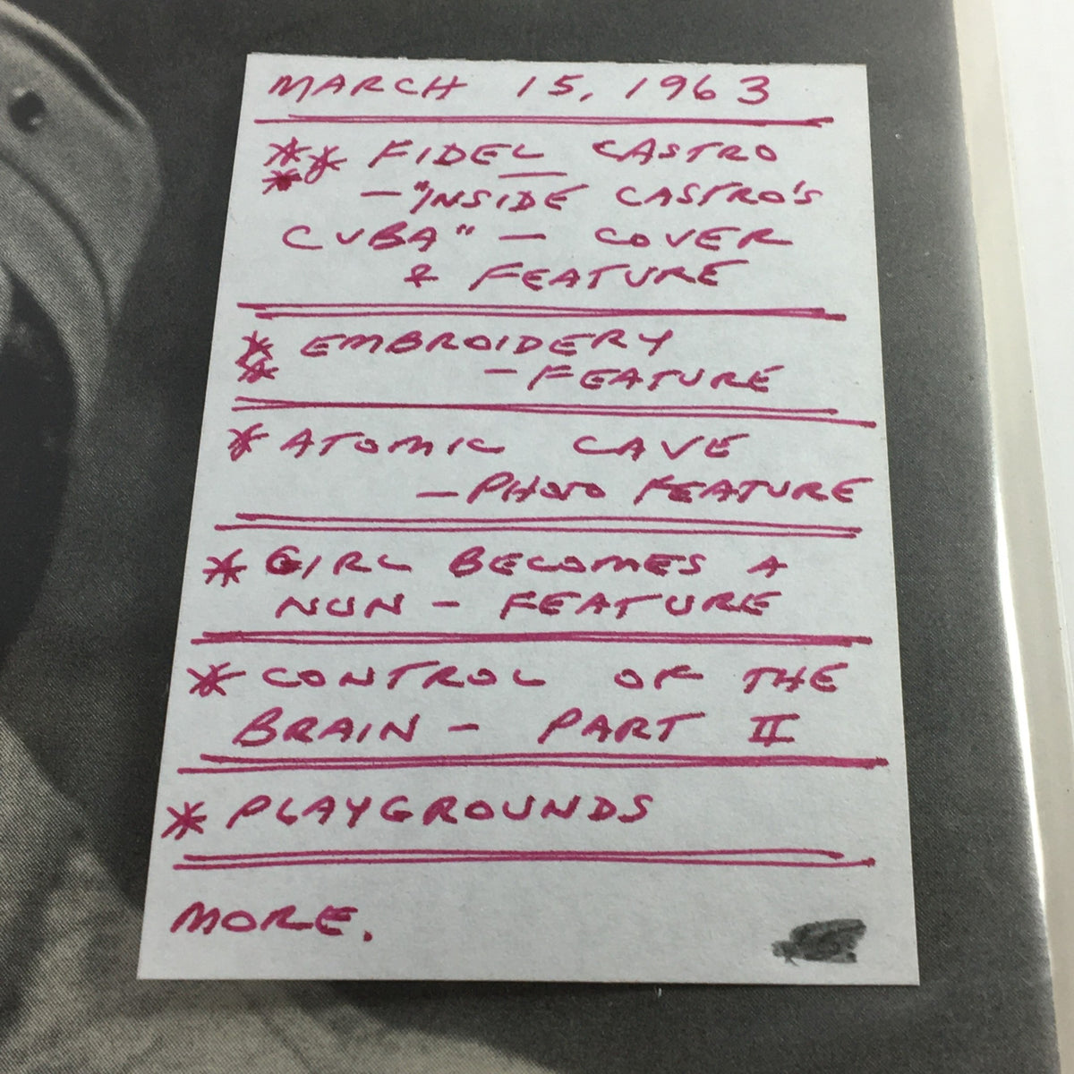 Interior page of VTG Life Magazine, March 15, 1963, revealing a handwritten note listing feature articles including 'Fidel Castro - Inside Castro's Cuba,' 'Embroidery,' 'Atomic Cave,' and more.