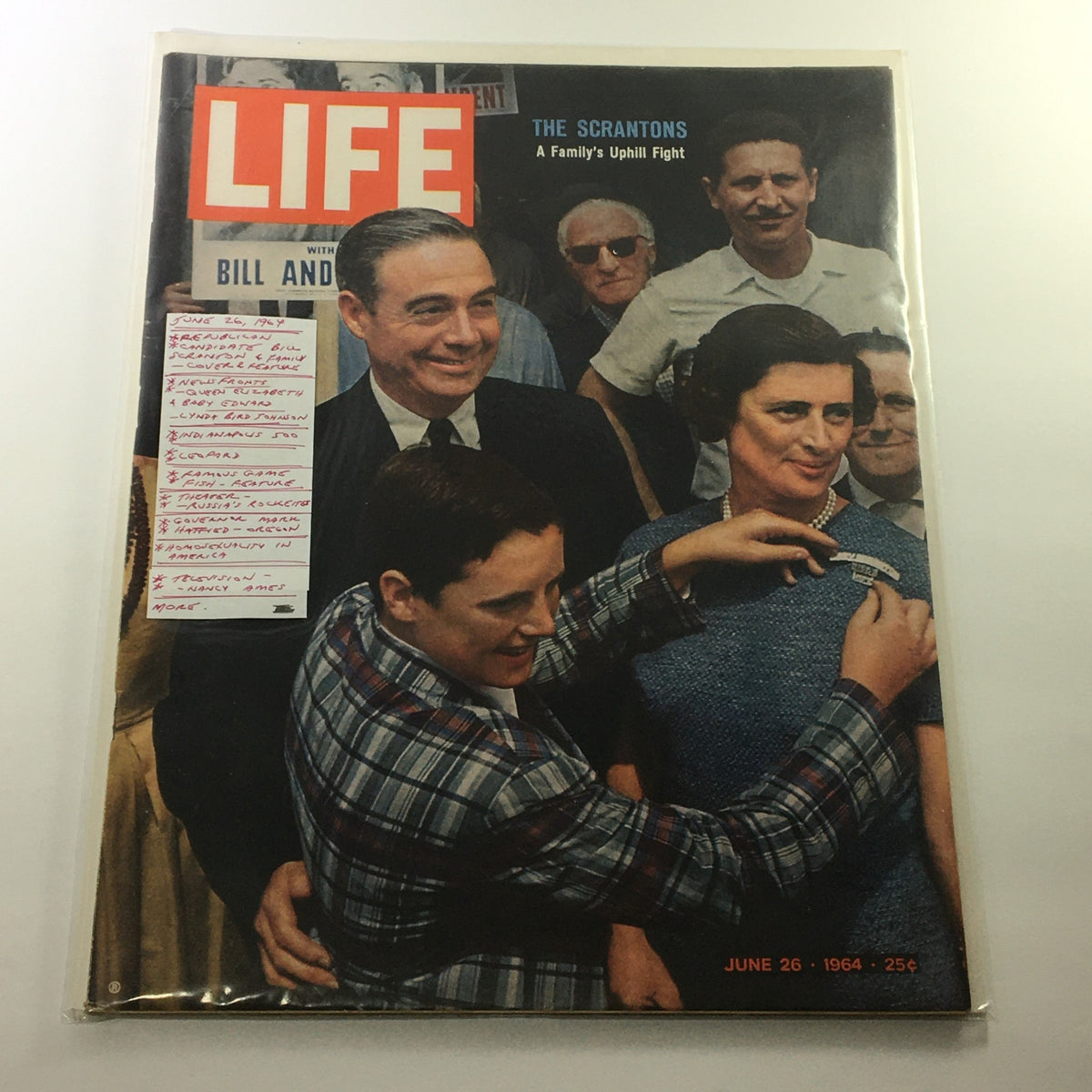 Cover of VTG Life Magazine from June 26, 1964, featuring Republican candidate Bill Scranton and his family, showcasing a nostalgic glimpse into the political landscape of the 1960s.