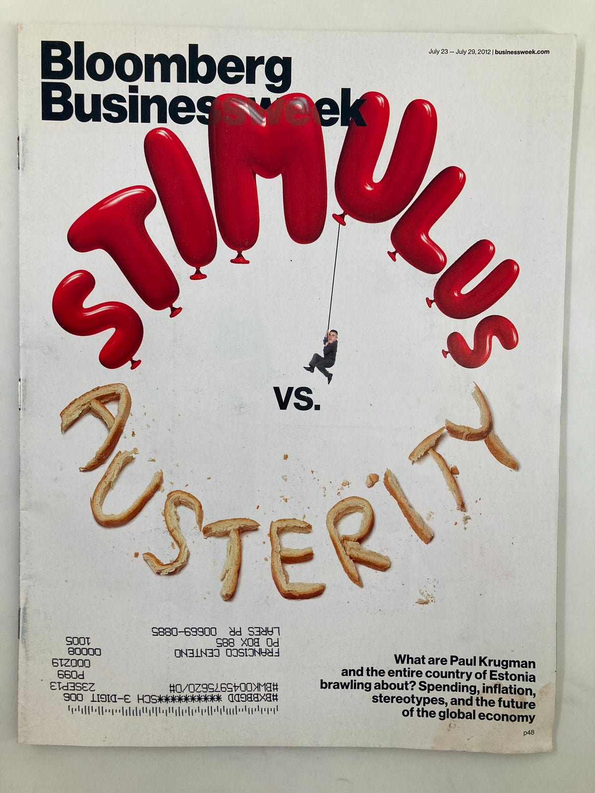 Cover of Bloomberg Businessweek Magazine from July 23, 2012, featuring the title 'Stimulus vs Austerity' with bold lettering and a depiction of a figure representing economic debate.