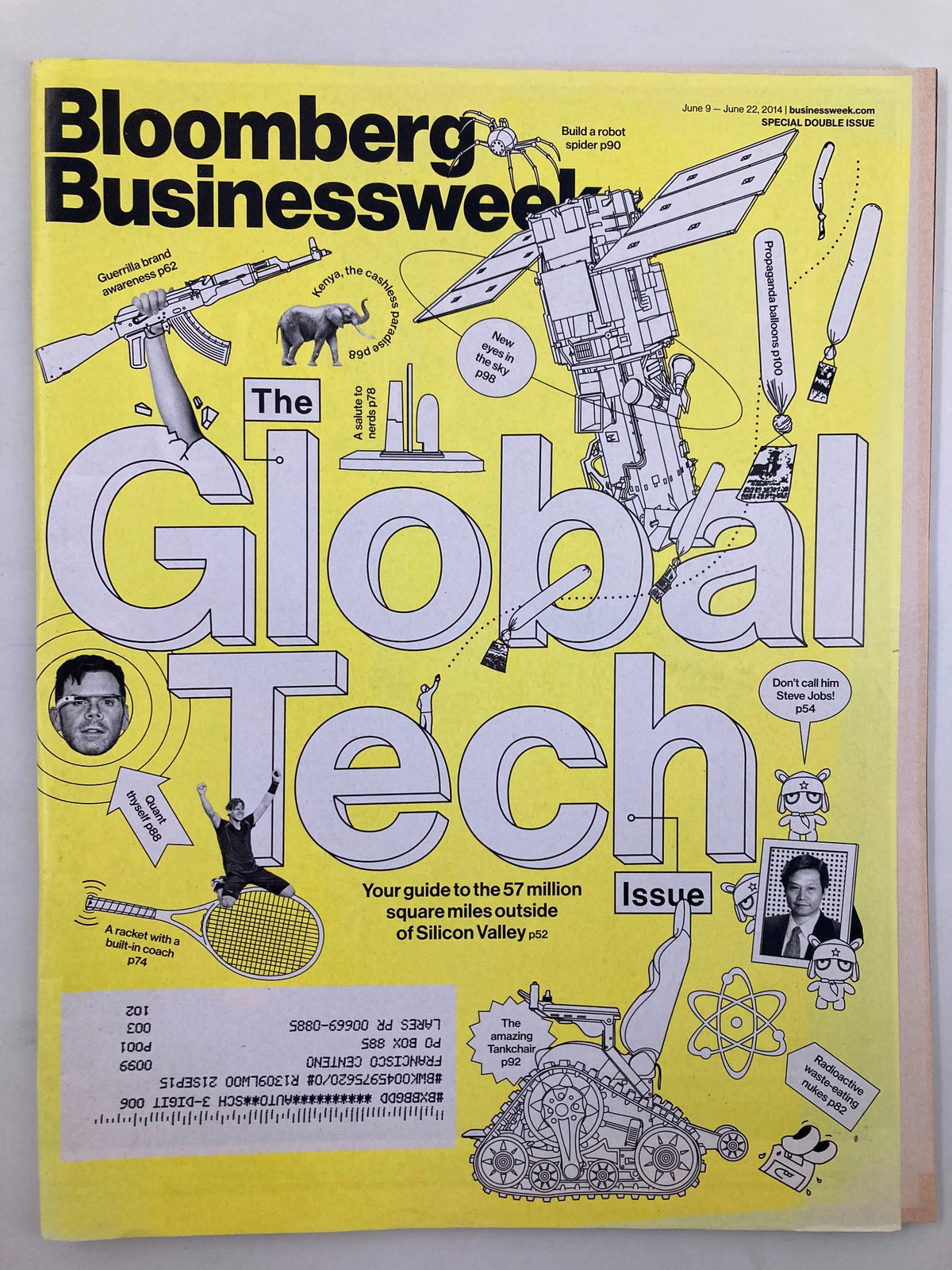 Bloomberg Businessweek Magazine June 9 2014 The Global Tech Issue cover featuring a yellow background, illustrations of technology, and a robot with various gadgets, showcasing the theme of innovation and technology.