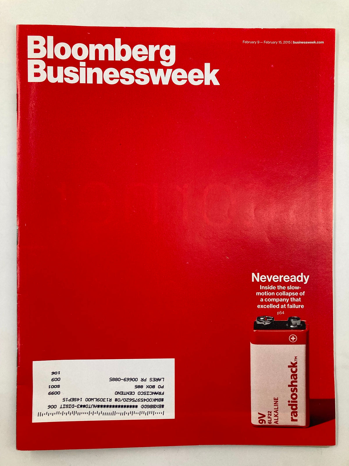 Bloomberg Businessweek Magazine cover for February 9, 2015, featuring the article titled 'Neveready: Collapse of a Company', with a dominant red background and a 9V battery image.