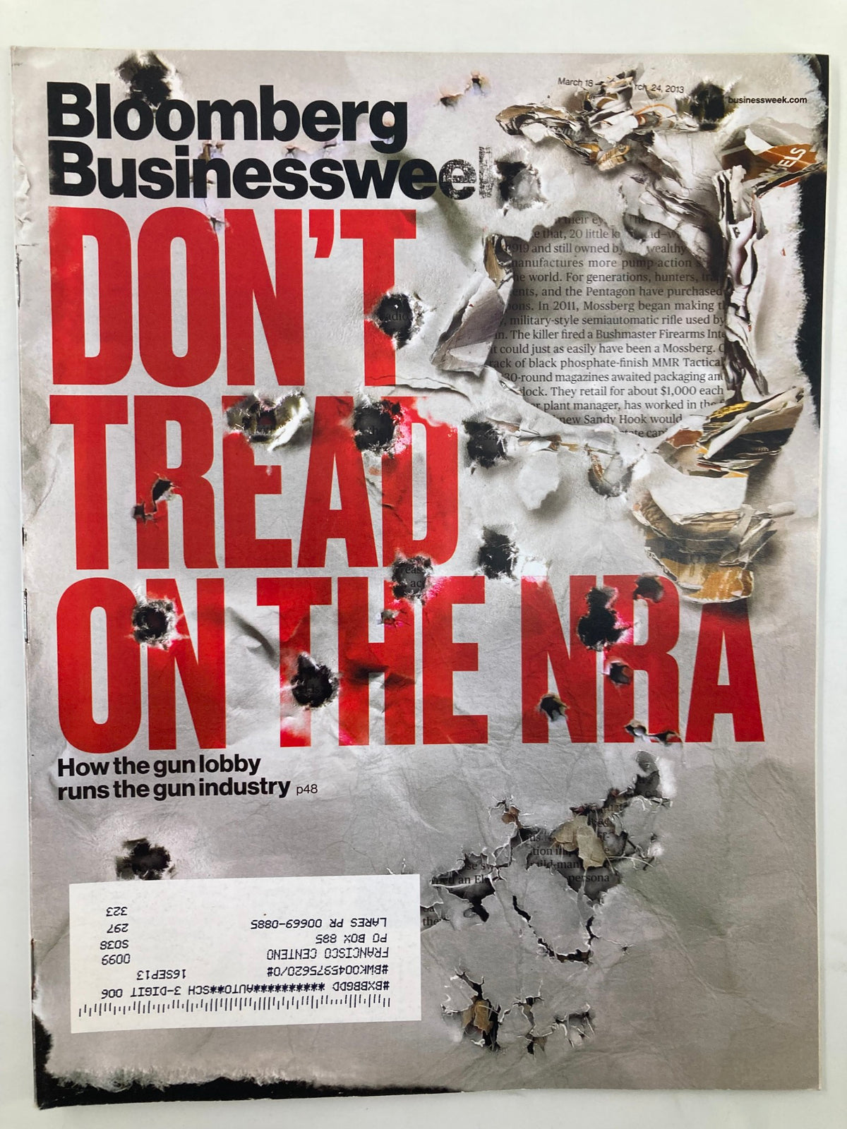 Cover of Bloomberg Businessweek Magazine, March 18, 2013, titled 'Don't Tread On The Era', featuring significant wear and tear, showcasing important discussions on economic policies and the gun lobby industry.